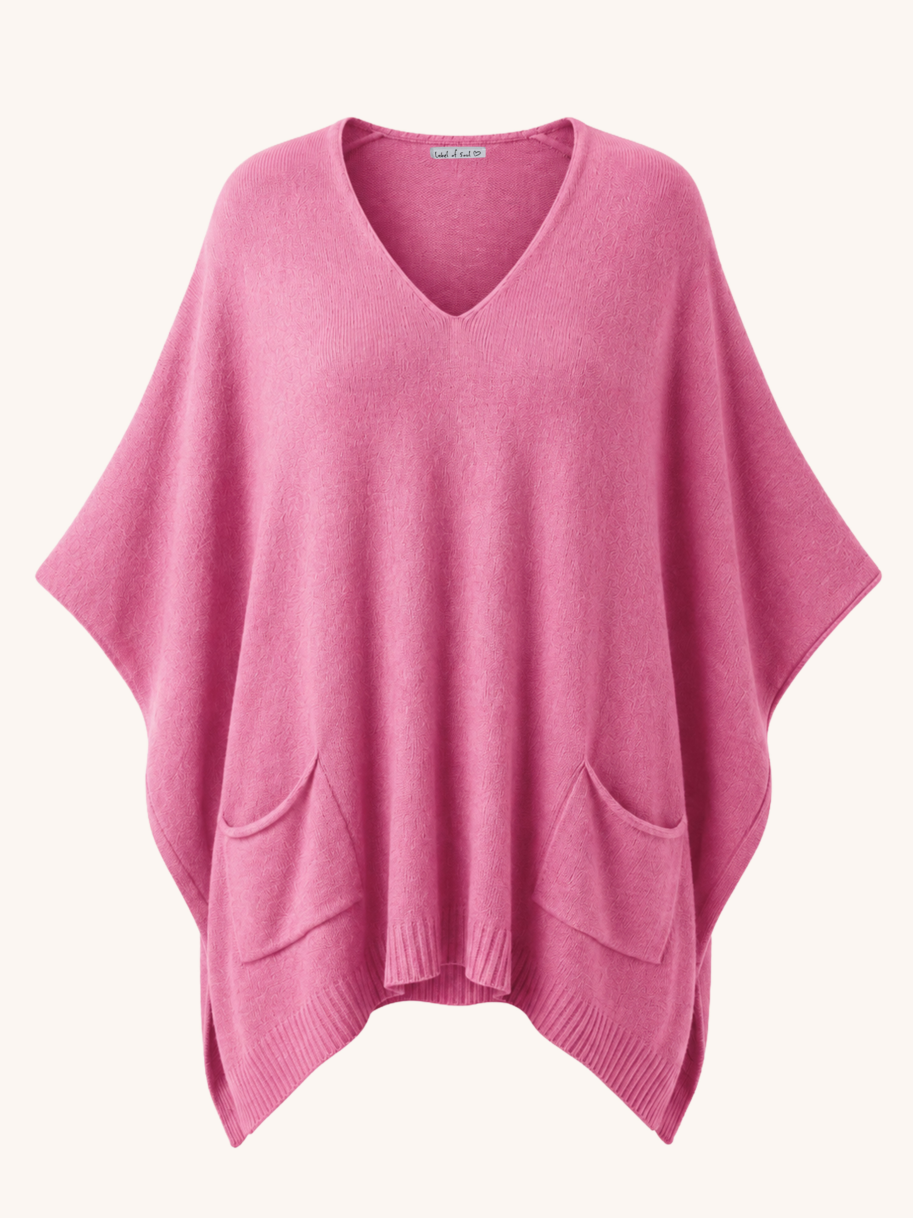Oversize Viskose Strick Poncho mit V-Ausschnitt - Berry