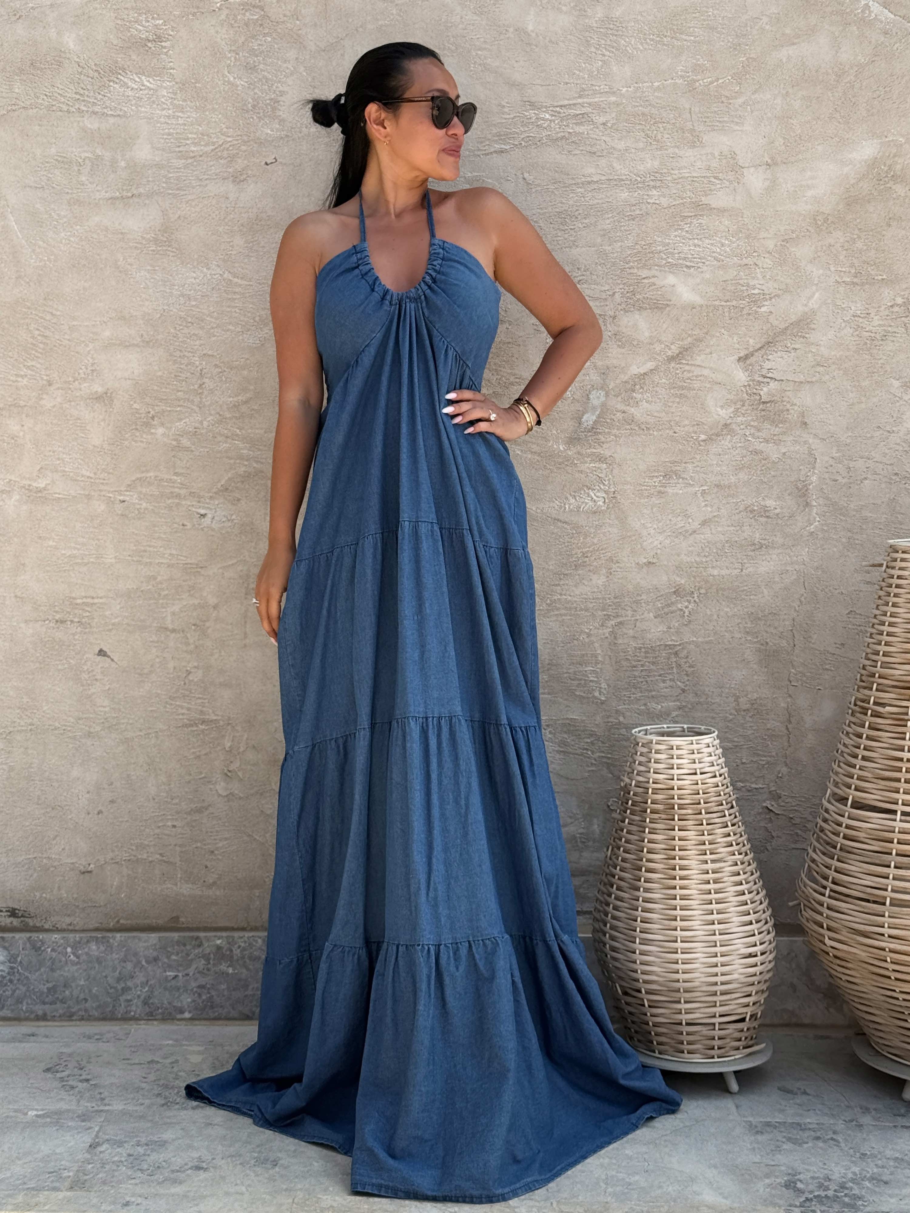Neckholder Jeans Kleid TALL - Denim Blue