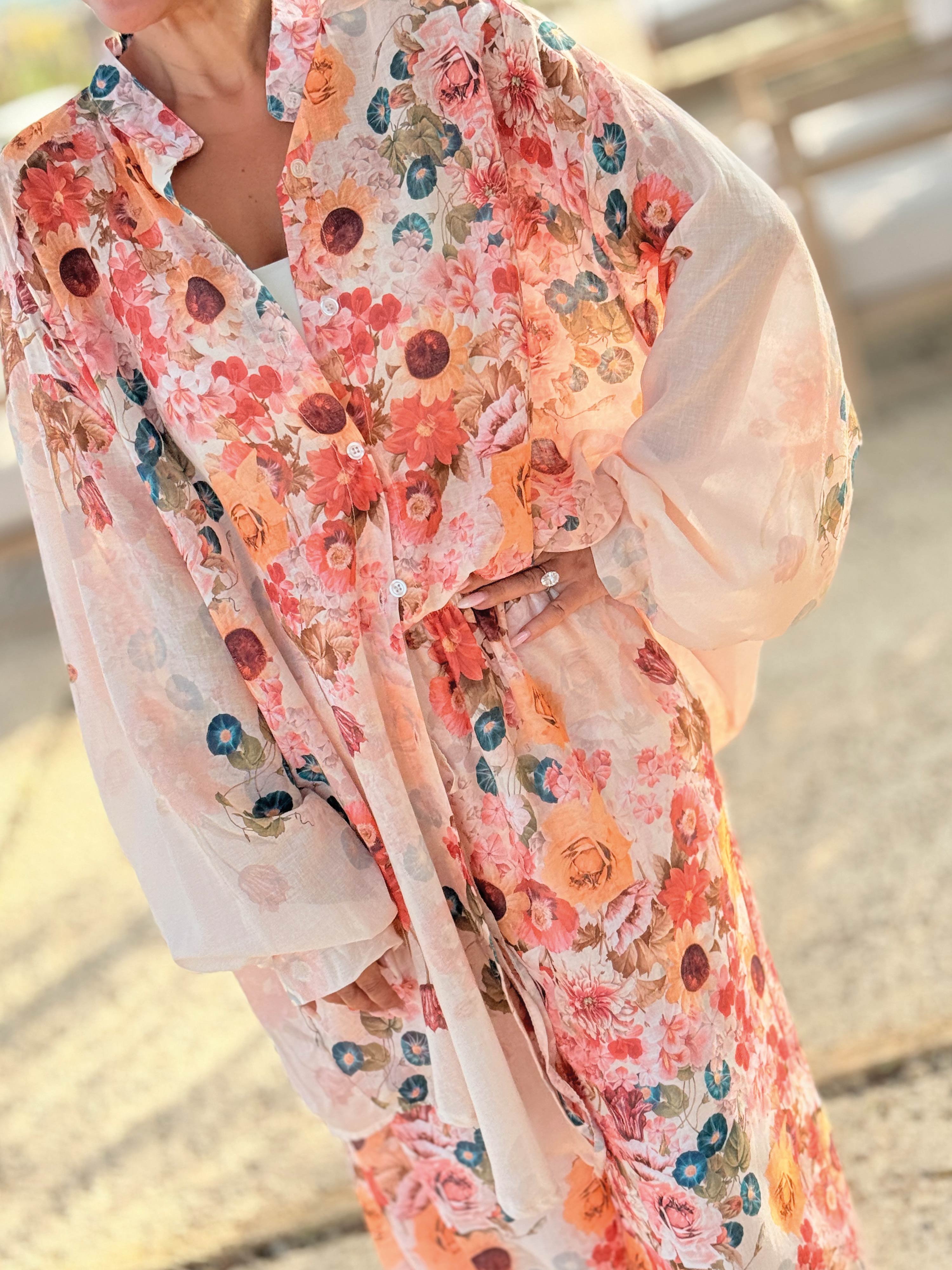 Cotton Oversize Long Bluse - MILLE FLEURS - Creme Cotton Oversize Long Bluse - MILLE FLEURS - Creme