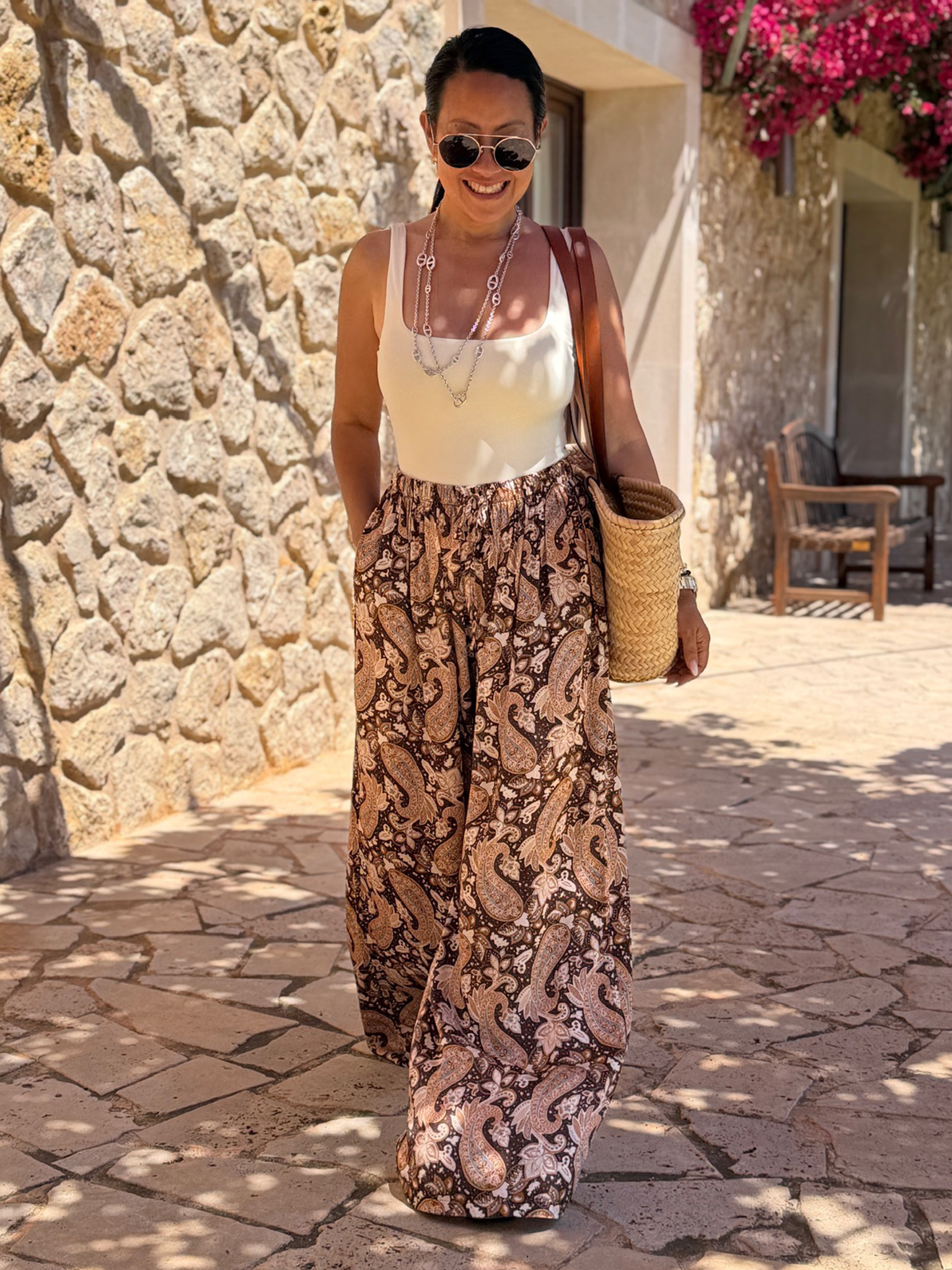 Viskose Palazzo Oversize Hose mit Seidenanteil - Paisley Schoko
