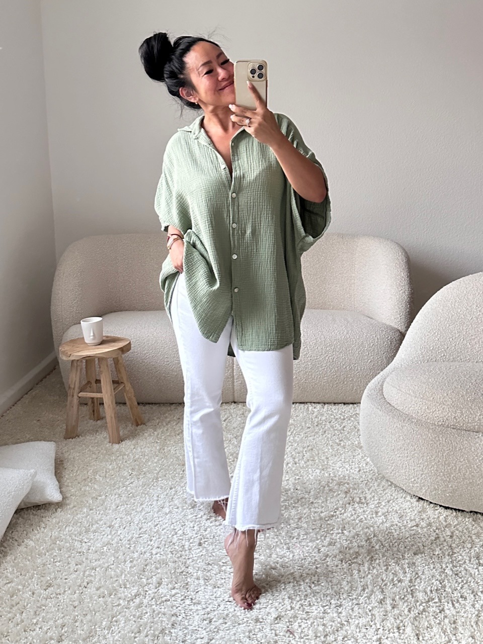 Musselin Oversize Kurzarm Bluse MIDI - Matcha