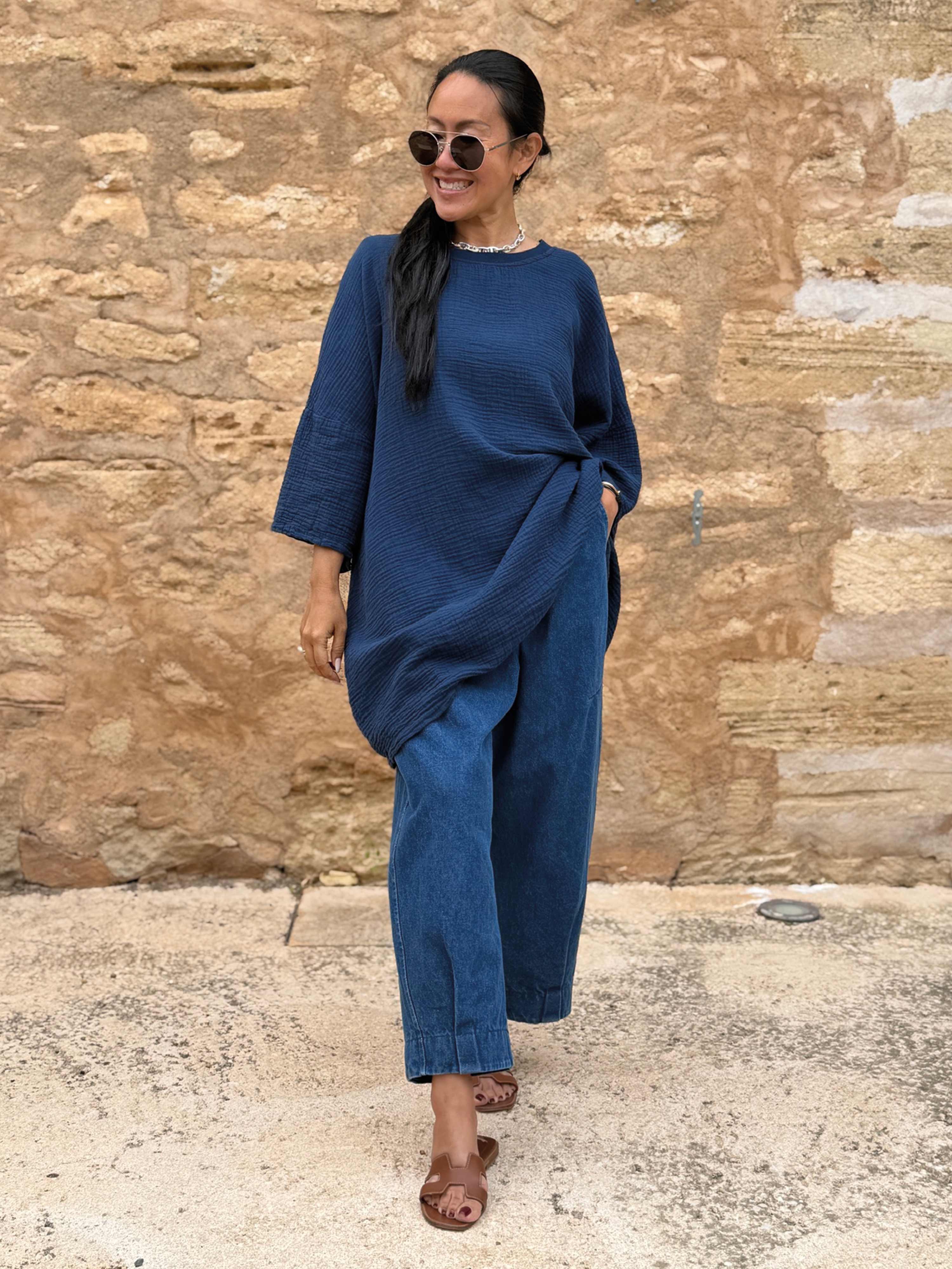 Musselin Oversize Kurzarm Shirt - Navy