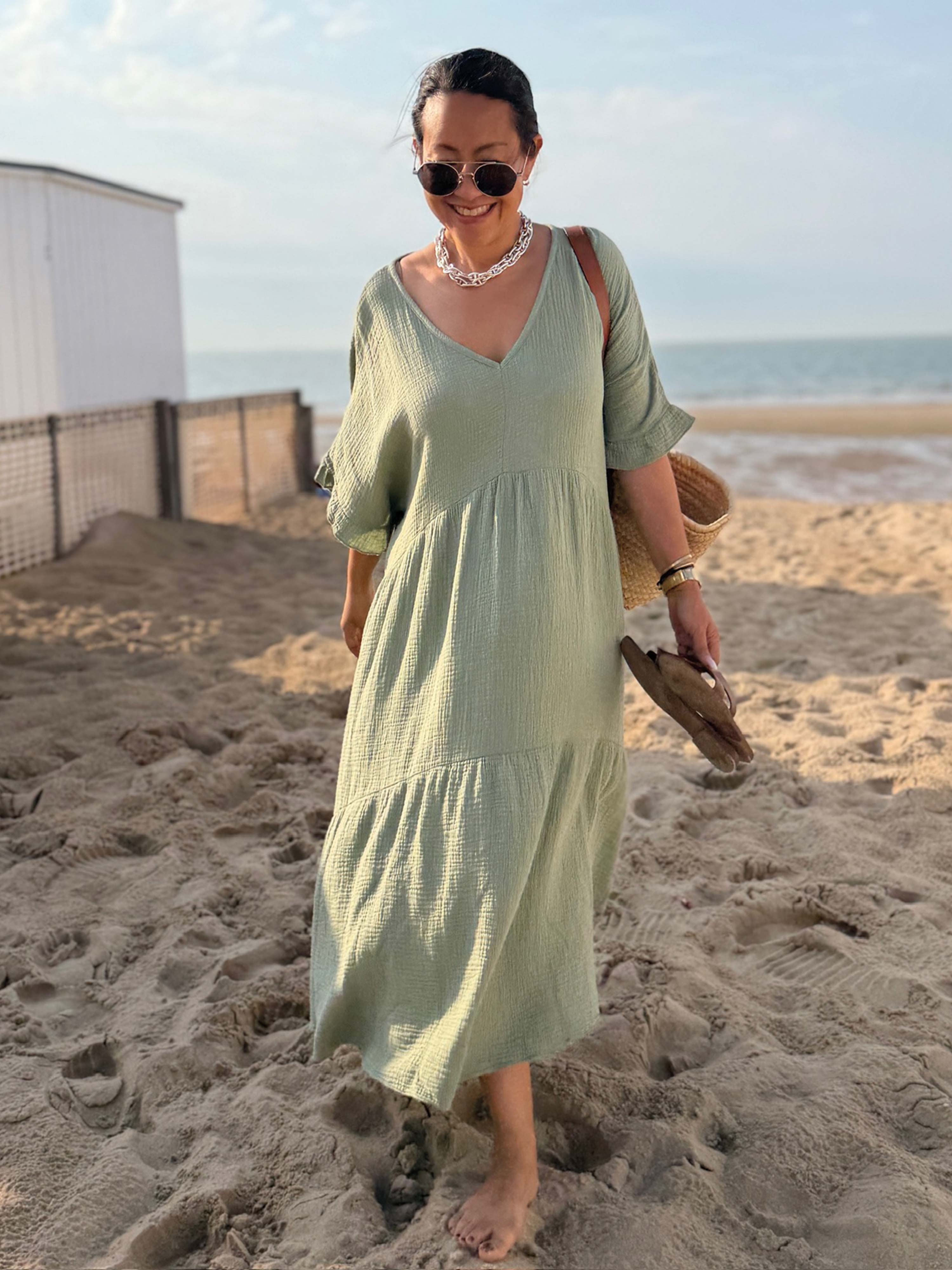 Musselin Tunika Long mit V-Ausschnitt - Matcha