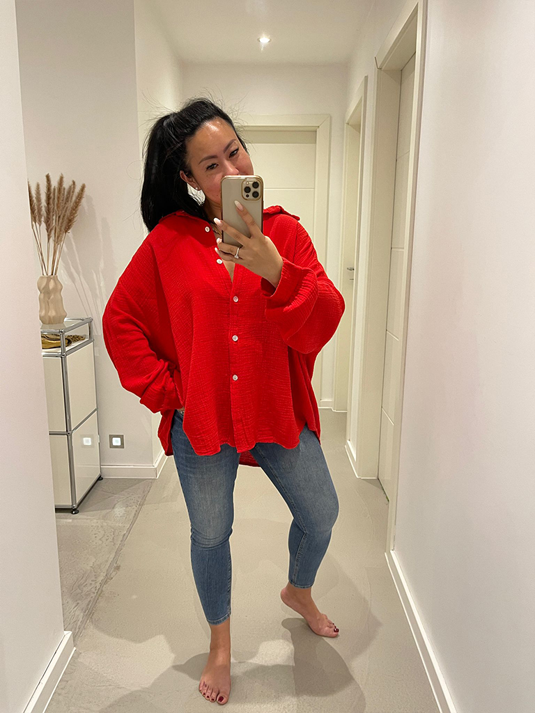 Musselin Midi Oversize Bluse - Rot