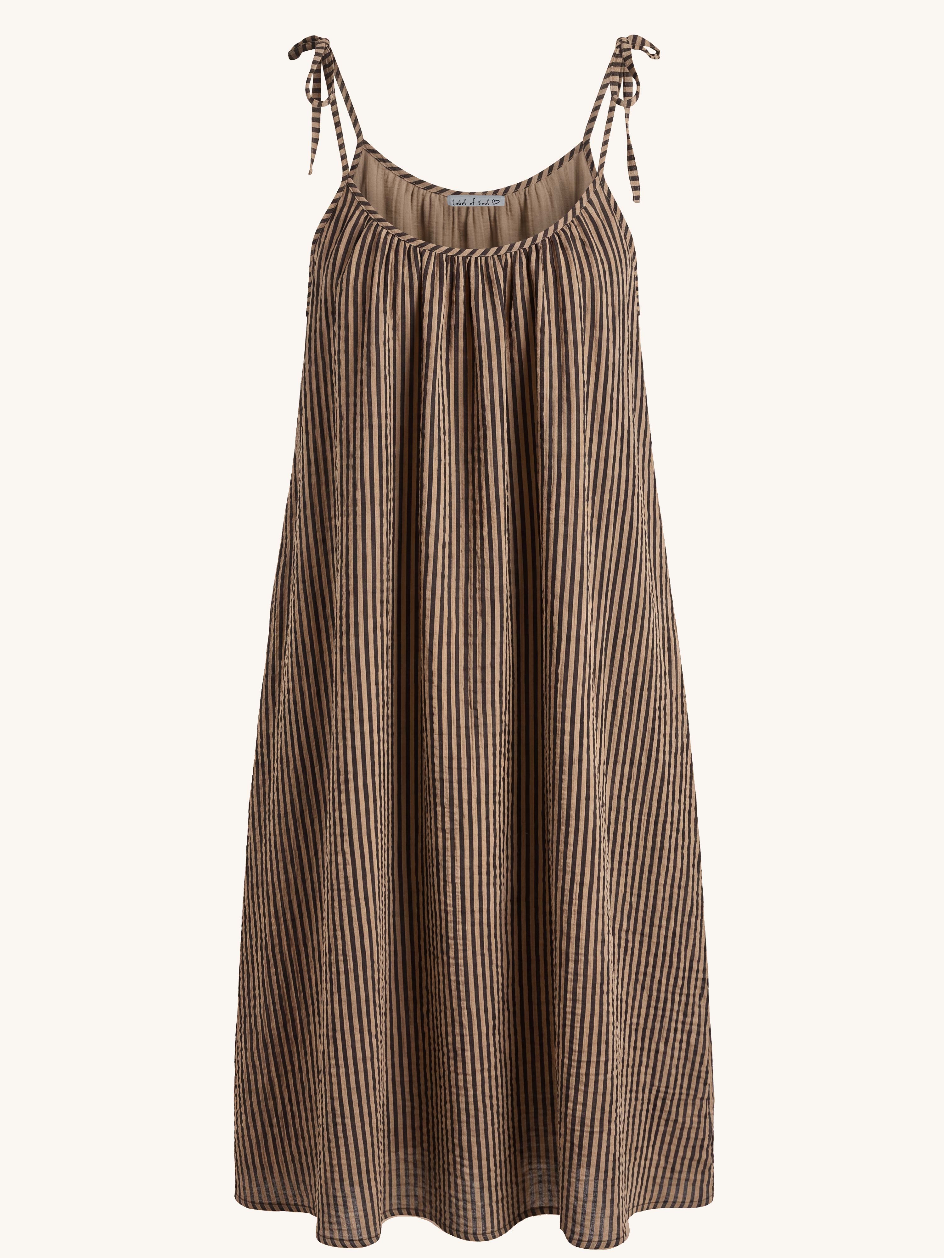 Musselin Trägerkleid LONG mit Taschen - ALISA - STRIPES Camel/Schwarz