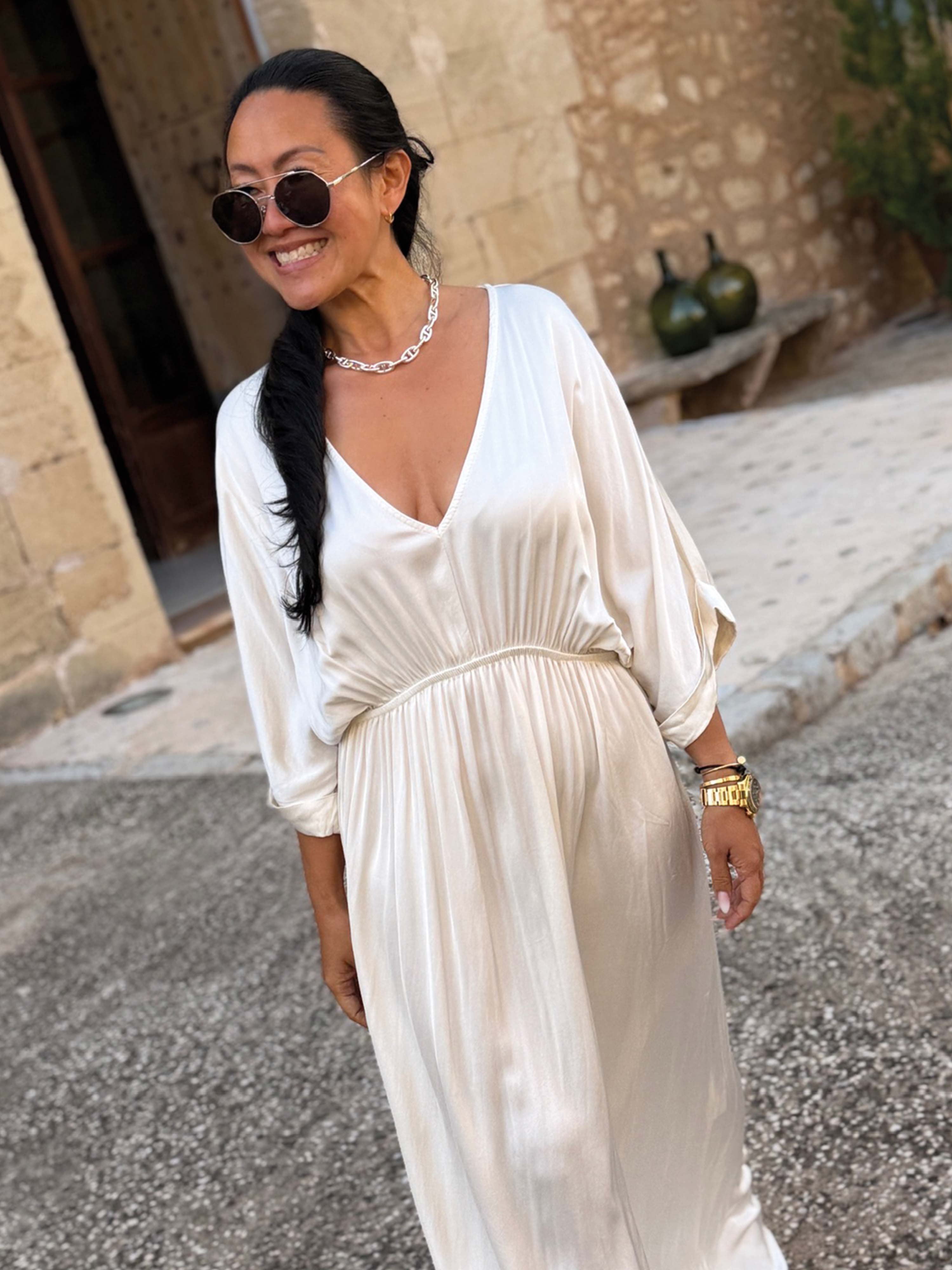 Viskose Kleid mit V-Ausschnitt - ONESIZE - Creme