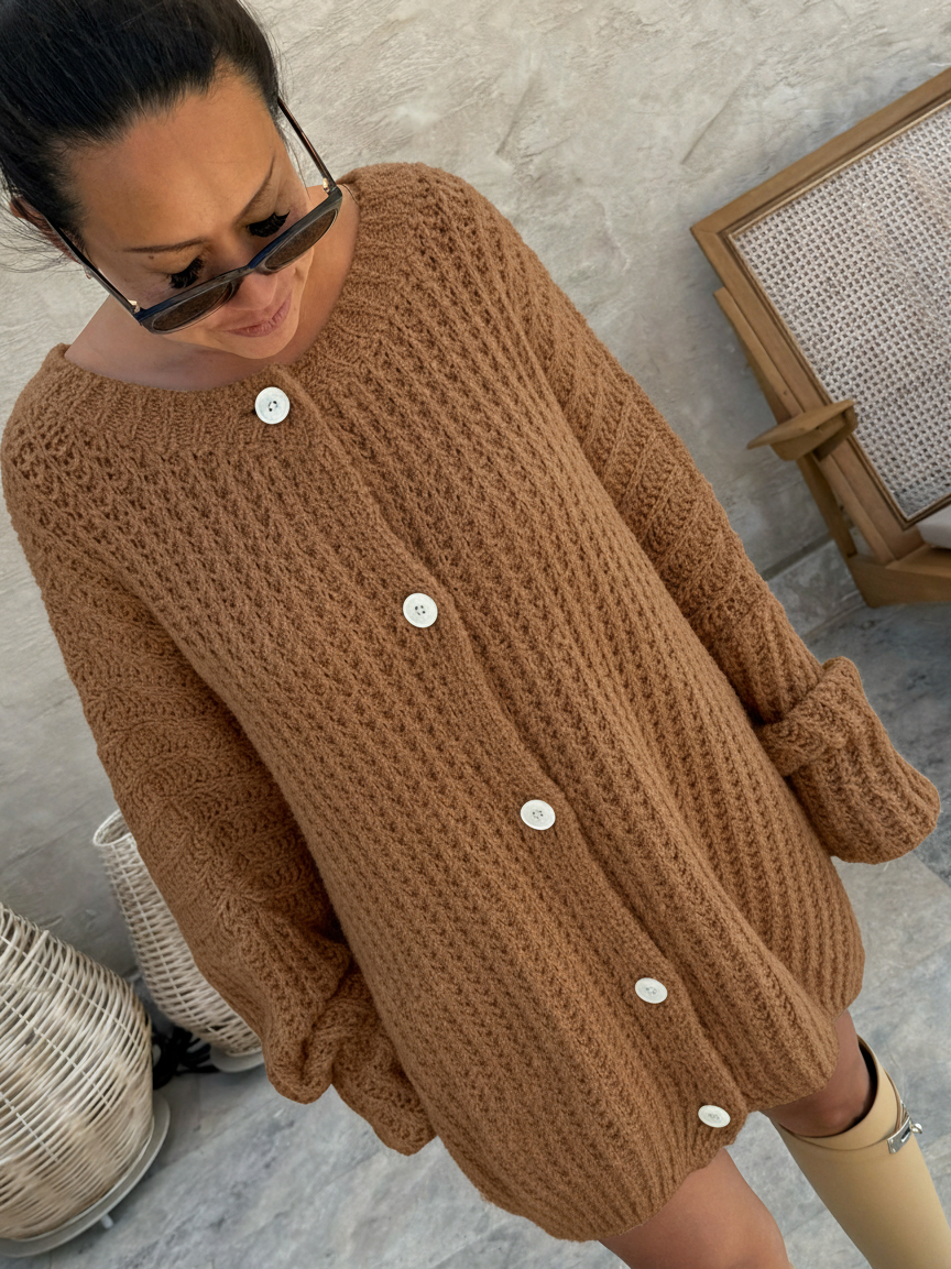 Oversize Bouclé Grob Strickjacke - Camel