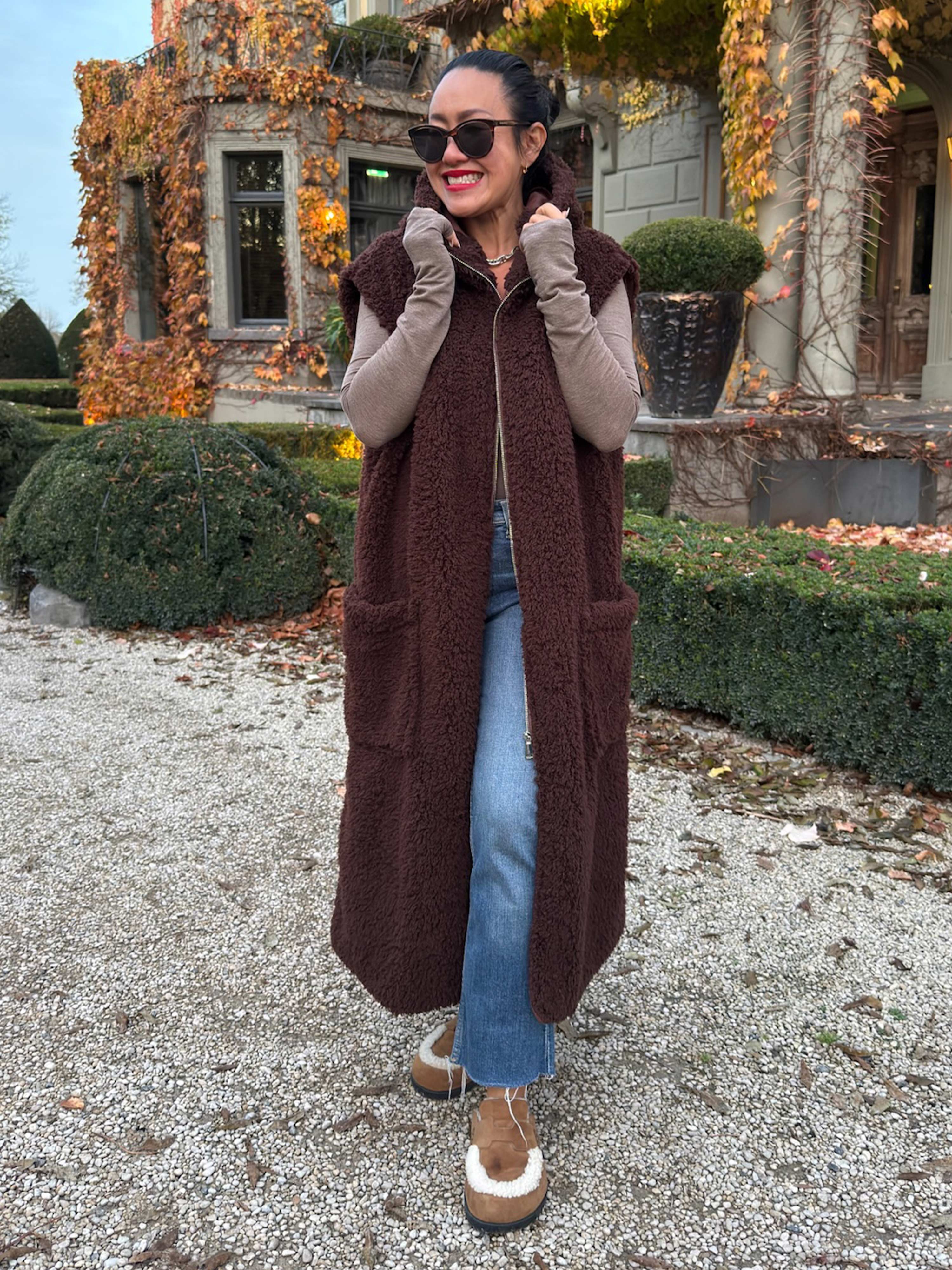 Teddylook Long Weste mit Kapuze - Schoko