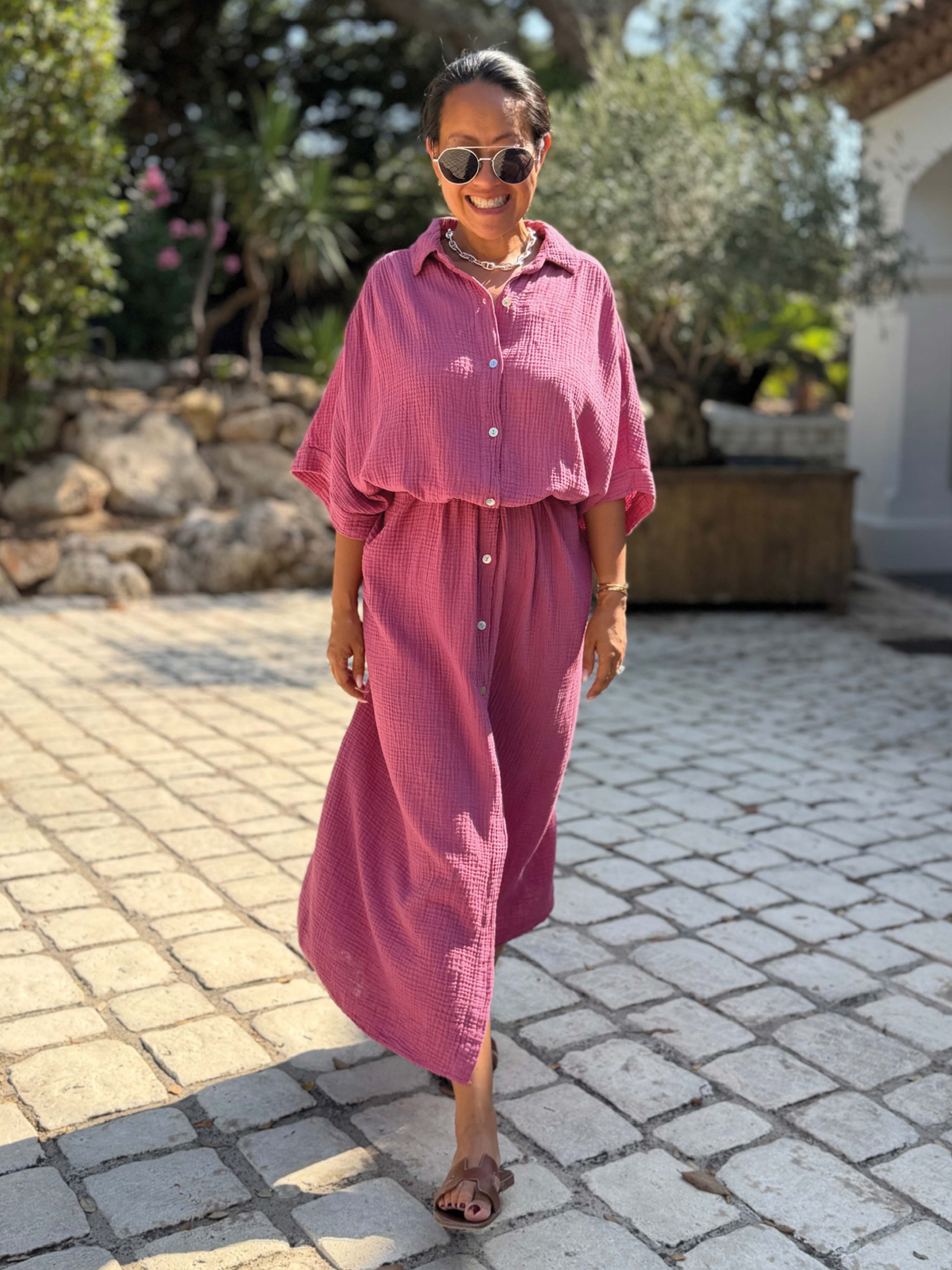 Musselin Oversize Kurzarm Blusenkleid - CAPRI - Beere