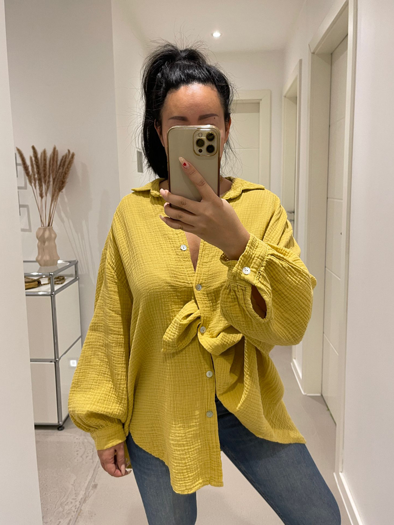 Musselin Midi Oversize Bluse - Curry