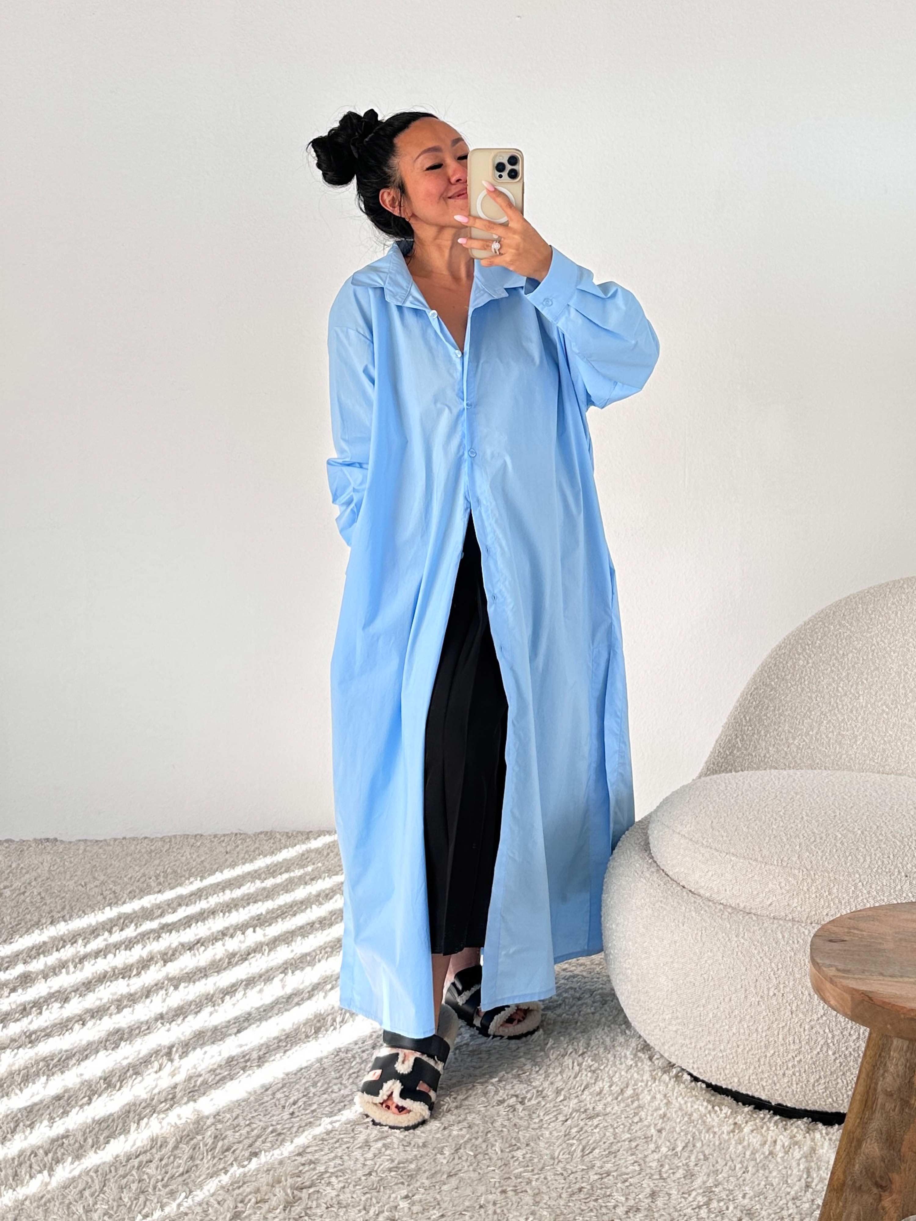 Cotton Oversize Blusenkleid mit Taschen - Blau Cotton Oversize Blusenkleid mit Taschen - Blau