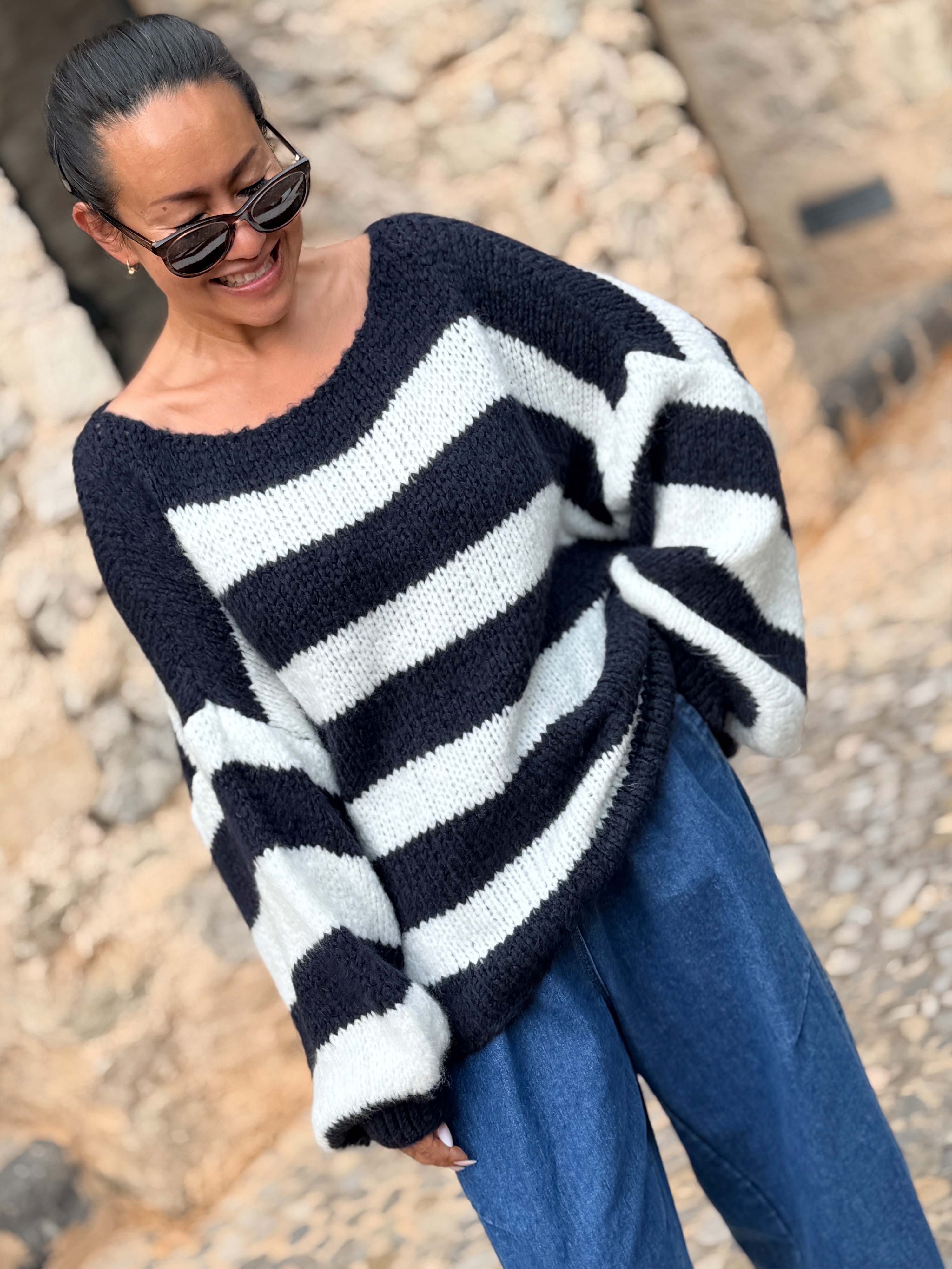 Oversize Cropped Strickpullover - FLAUSCHI - STRIPES - Navy