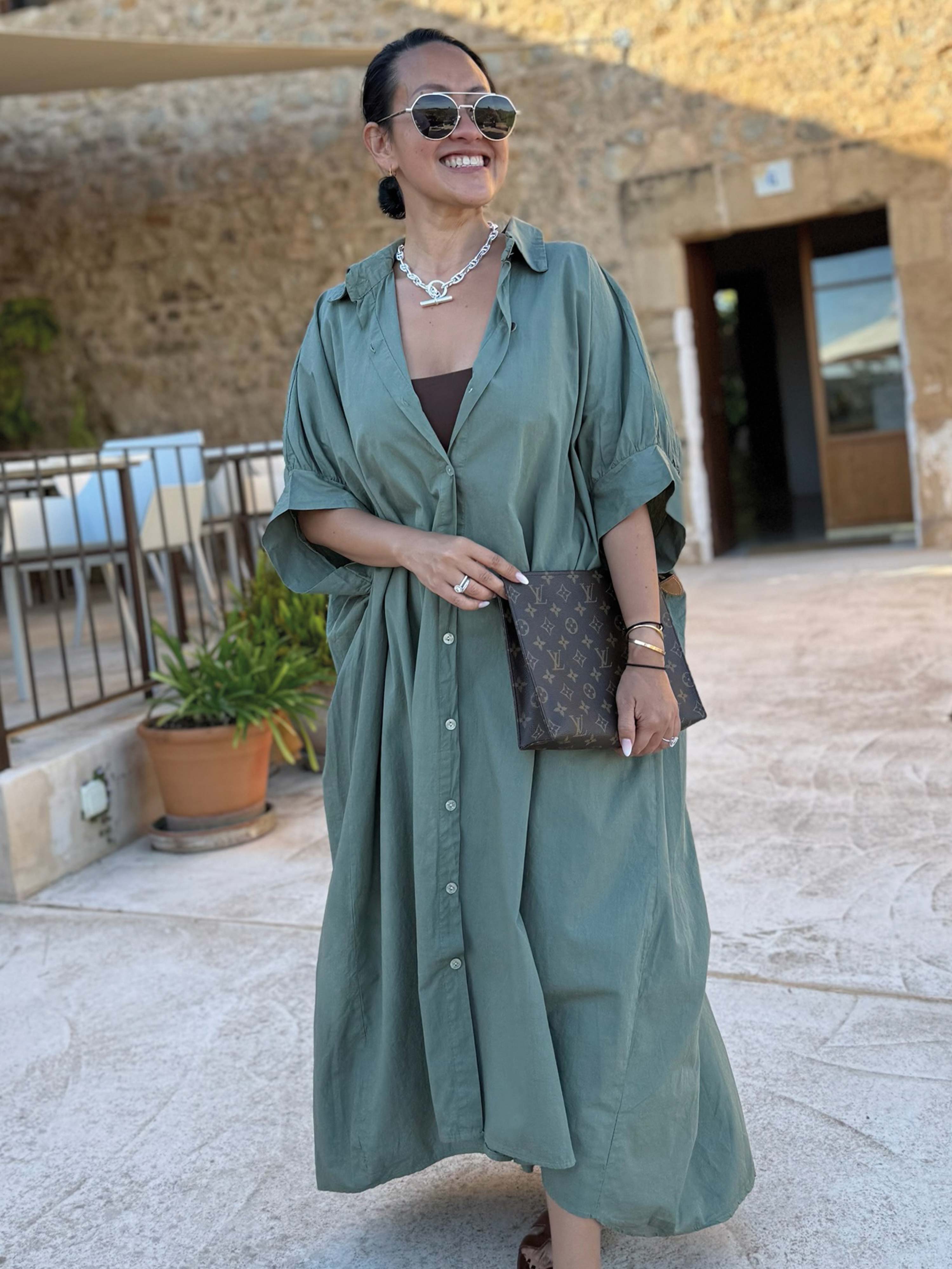 Cotton Vokuhila Oversize Kurzarm Blusenkleid - Olive