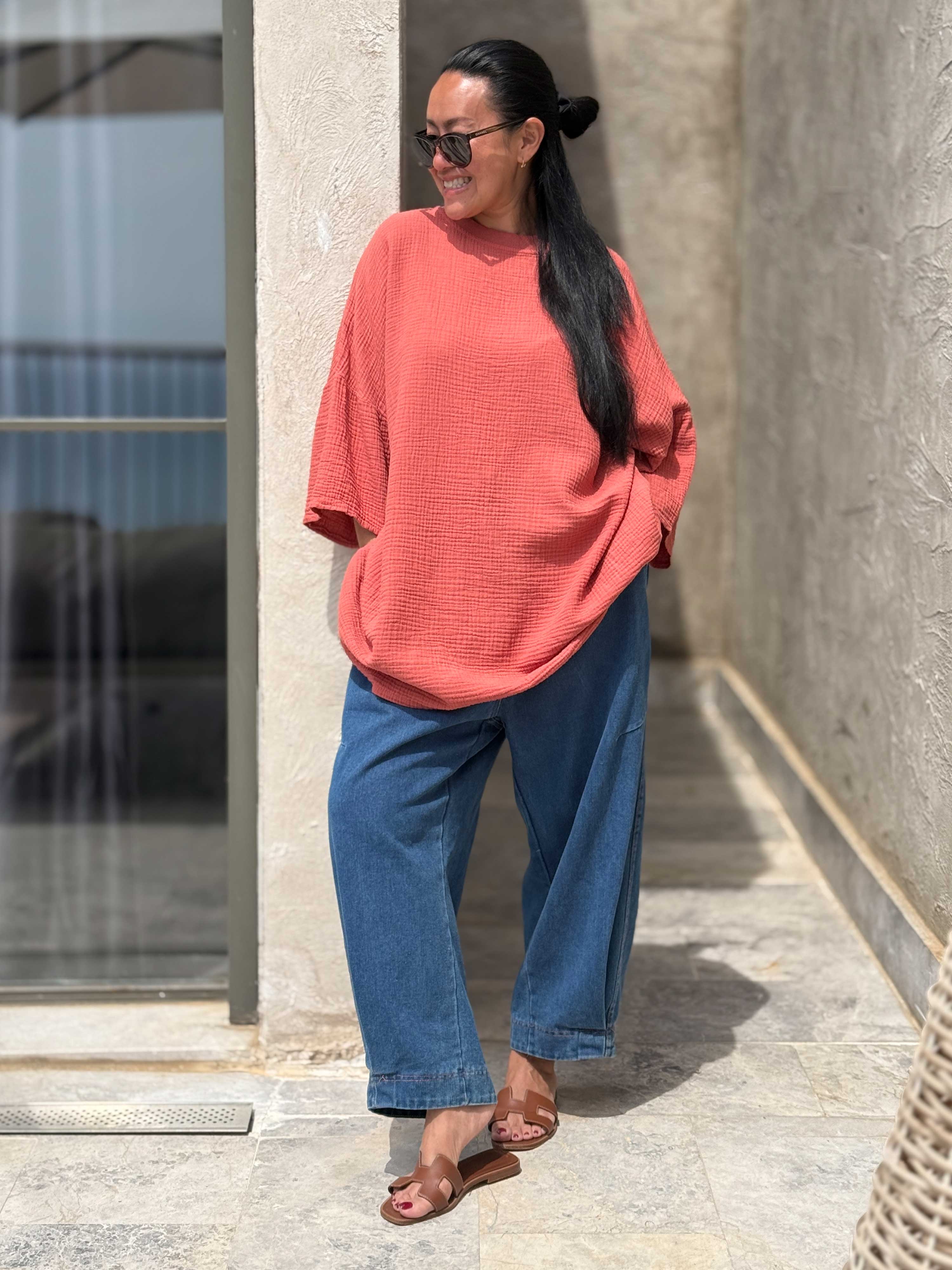 Musselin Oversize Kurzarm Shirt - Rosewood