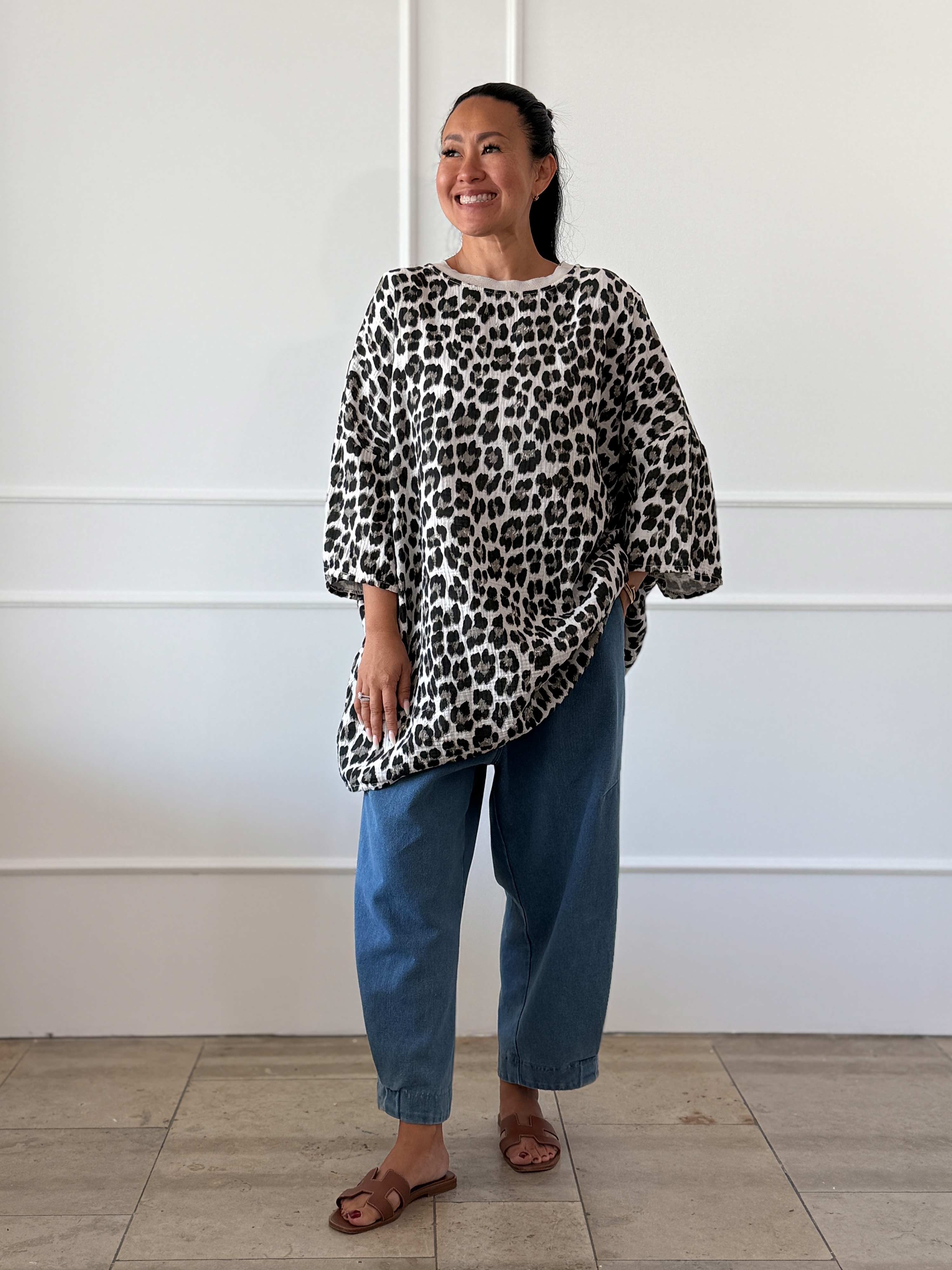 Musselin Oversize Kurzarm Shirt - Leo Beige