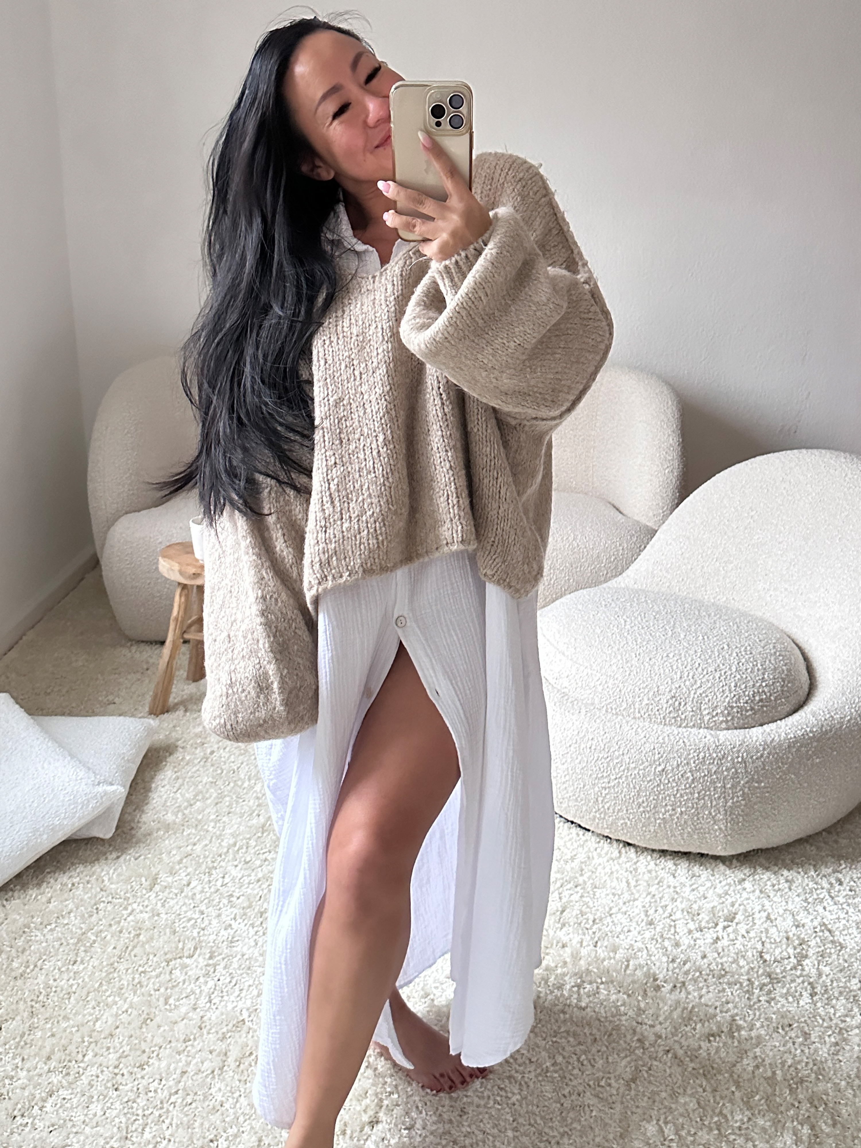 Oversize CROPPED Strickpullover mit V-Ausschnitt - FLAUSCHI - Beige