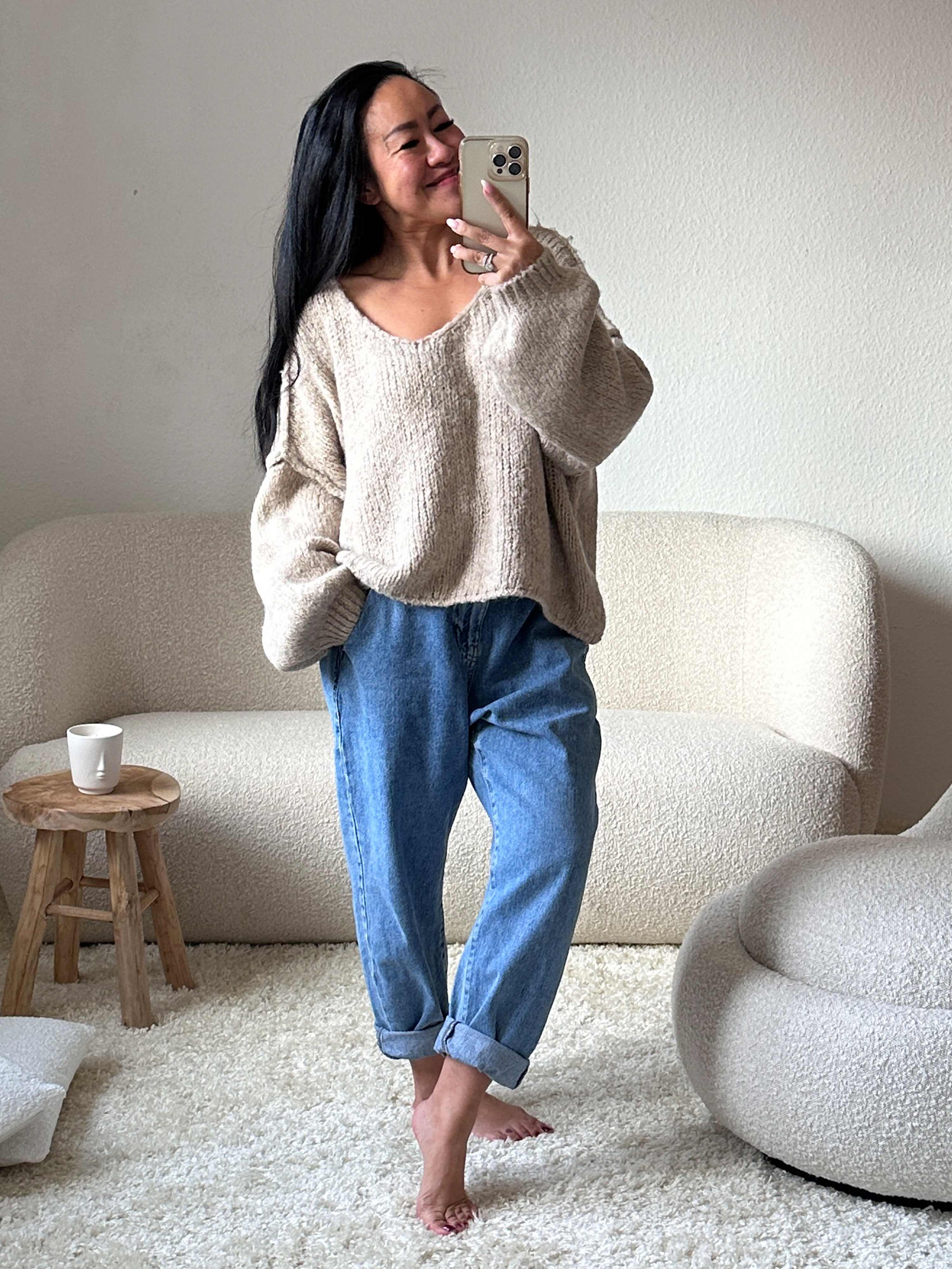 Oversize CROPPED Strickpullover mit V-Ausschnitt - FLAUSCHI - Beige