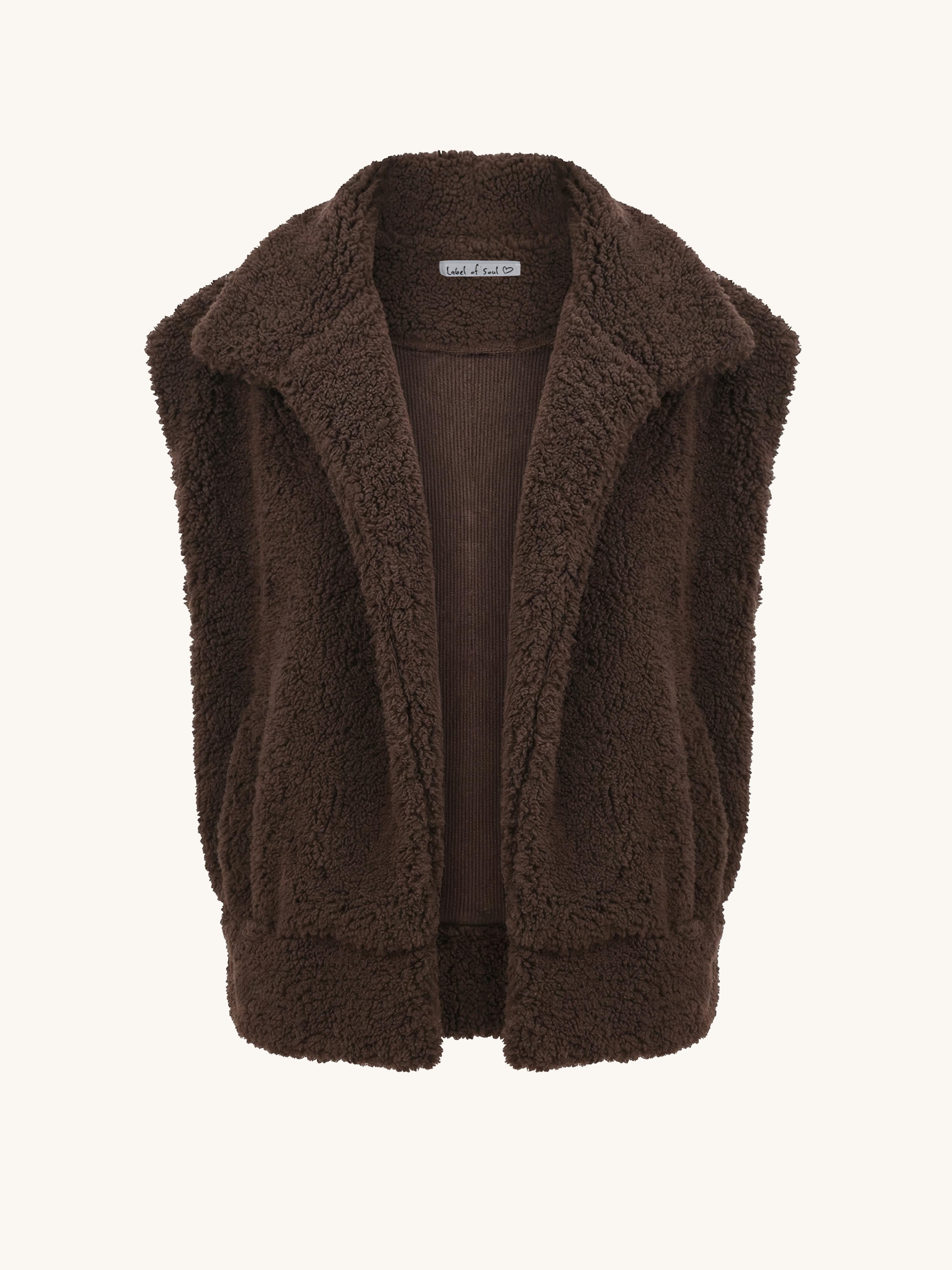 Oversize Teddylook Weste mit Stehkragen - Schoko