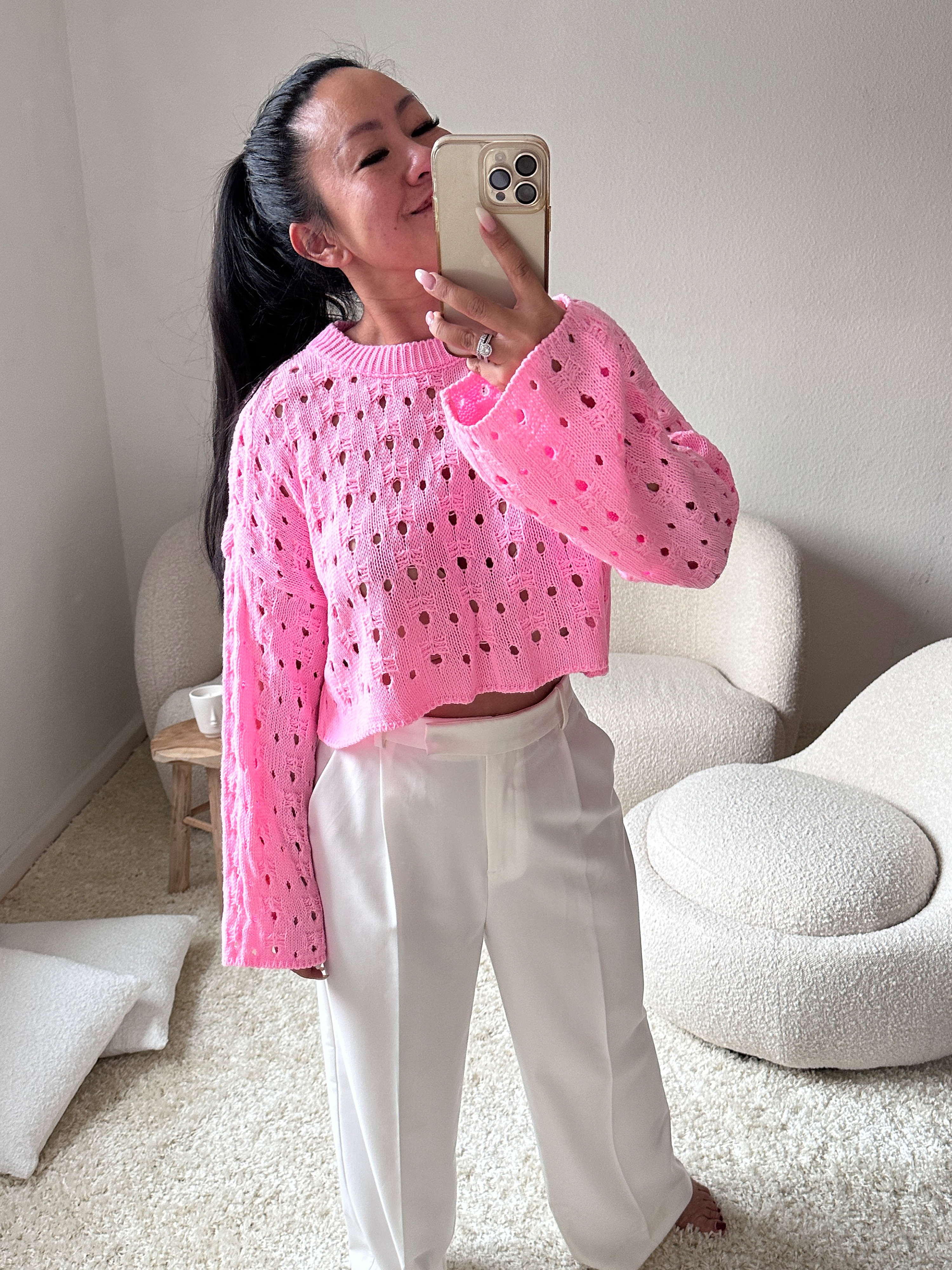 CROPPED Pullover mit Lochstrickmuster - Rosa