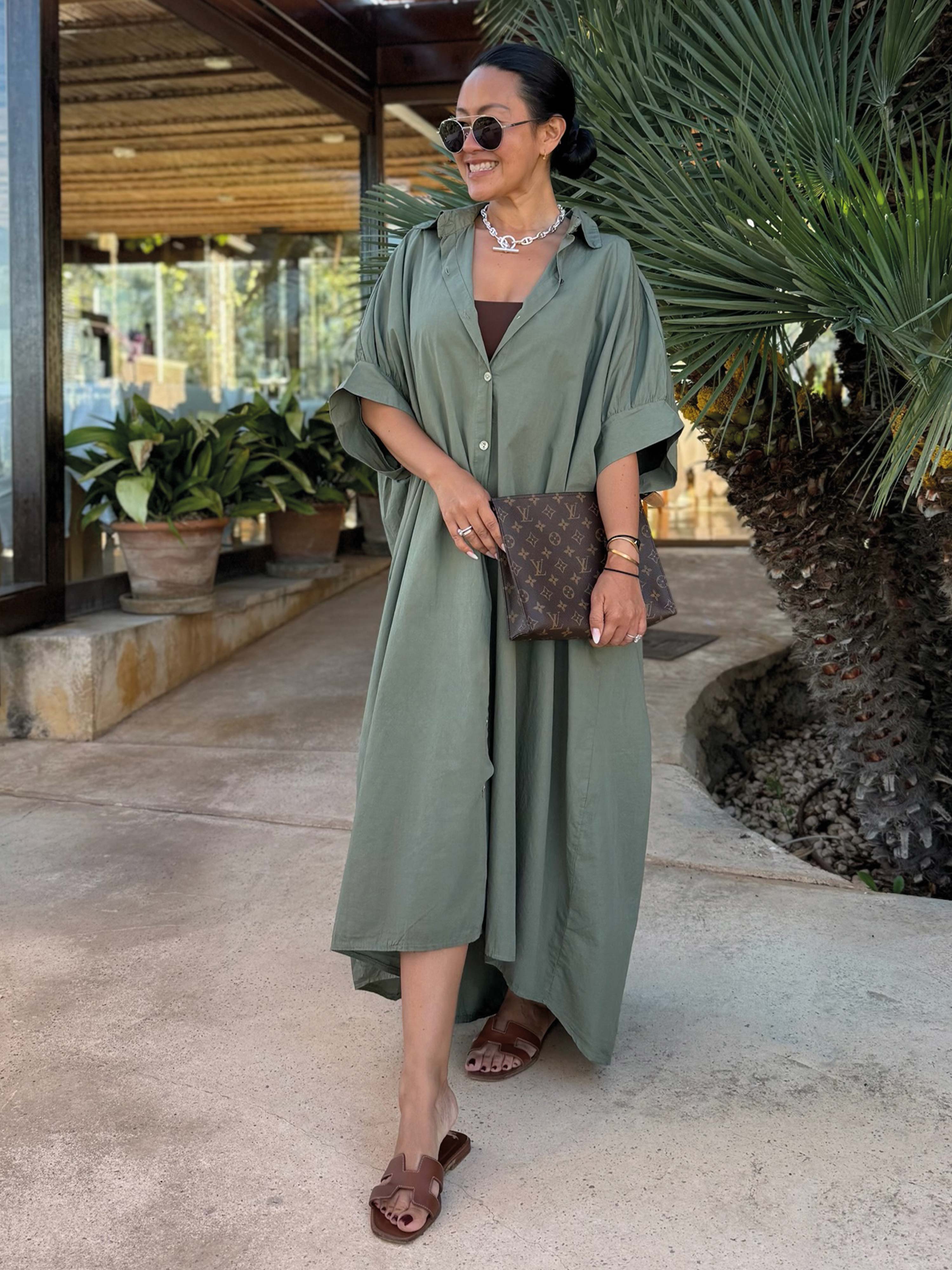 Cotton Vokuhila Oversize Kurzarm Blusenkleid - Olive