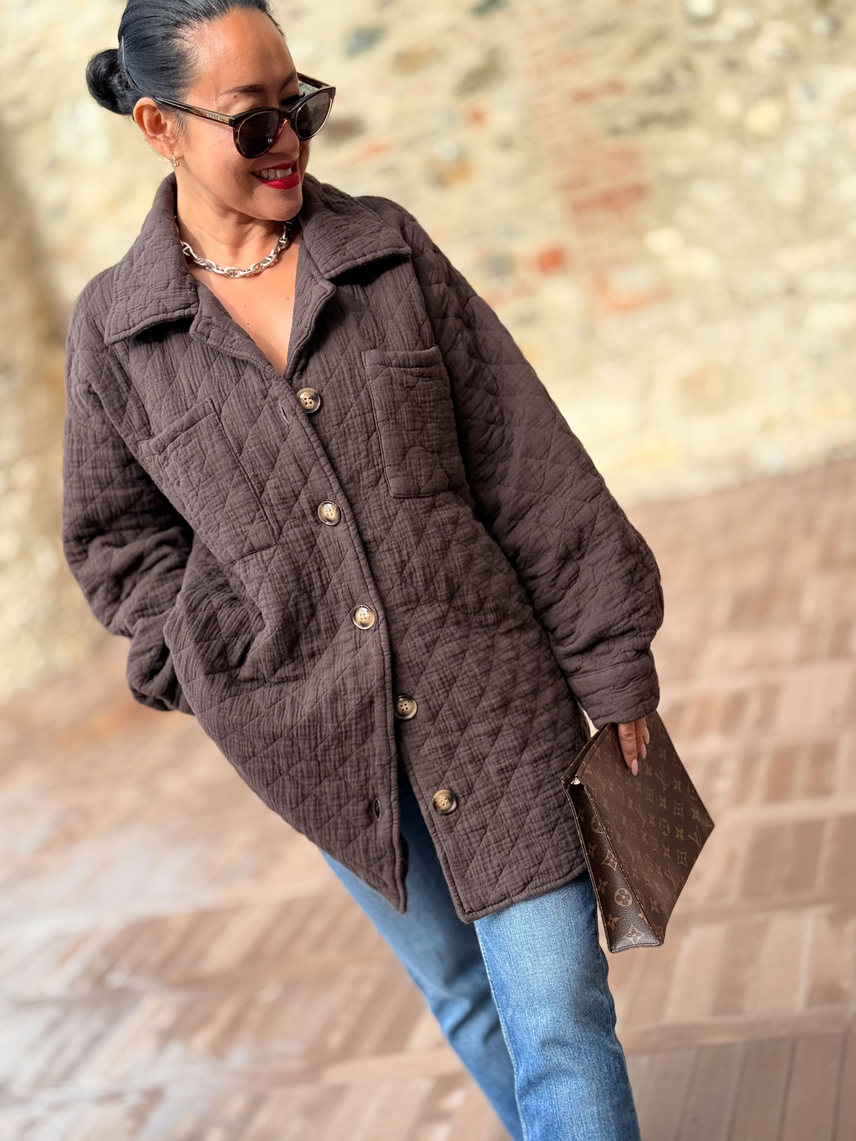 Gefütterte Oversize Musselin Overshirt Jacke - Schoko