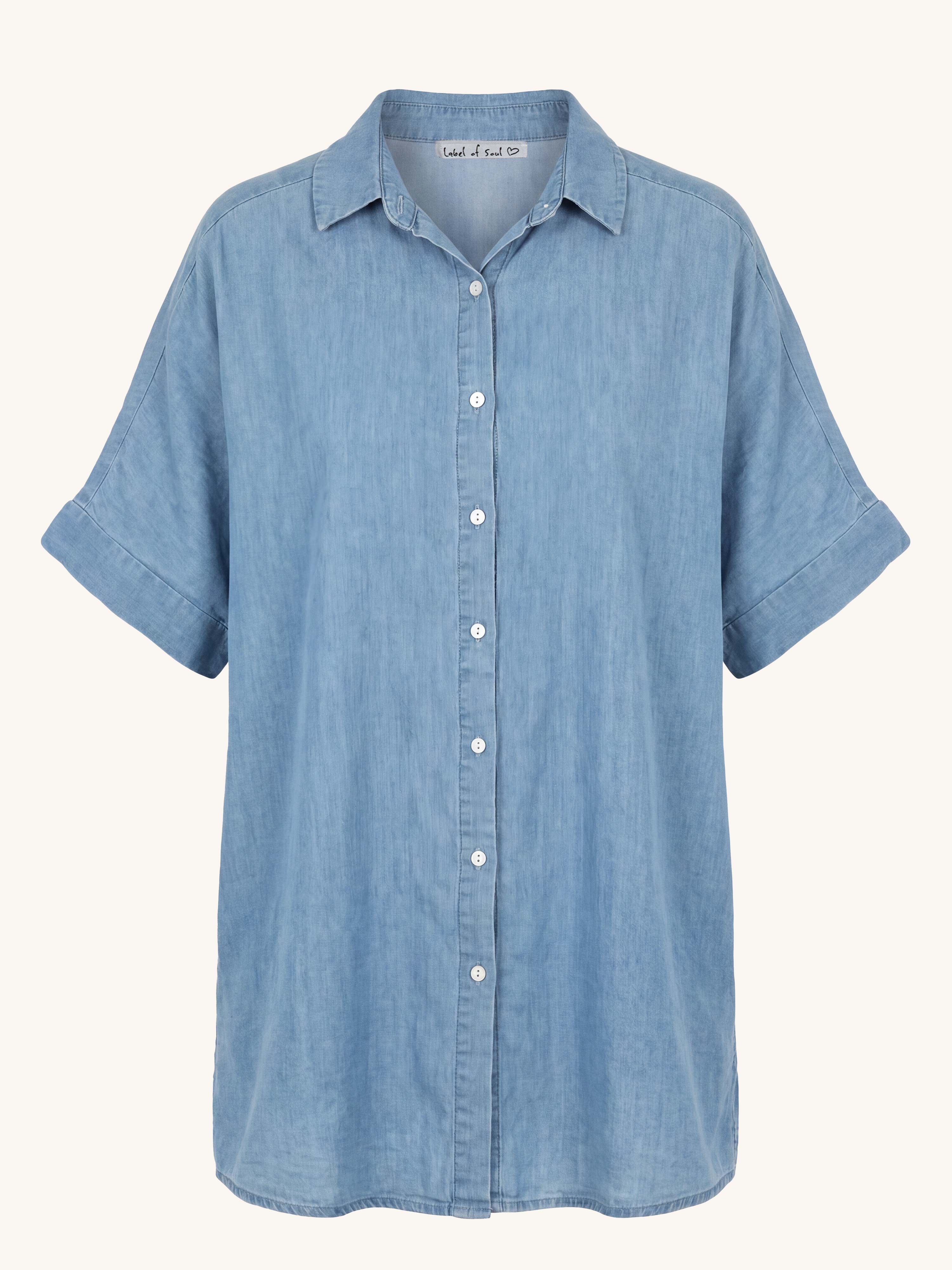 Leichte Lyocell Oversize Kurzarm Jeansbluse Long - Blue