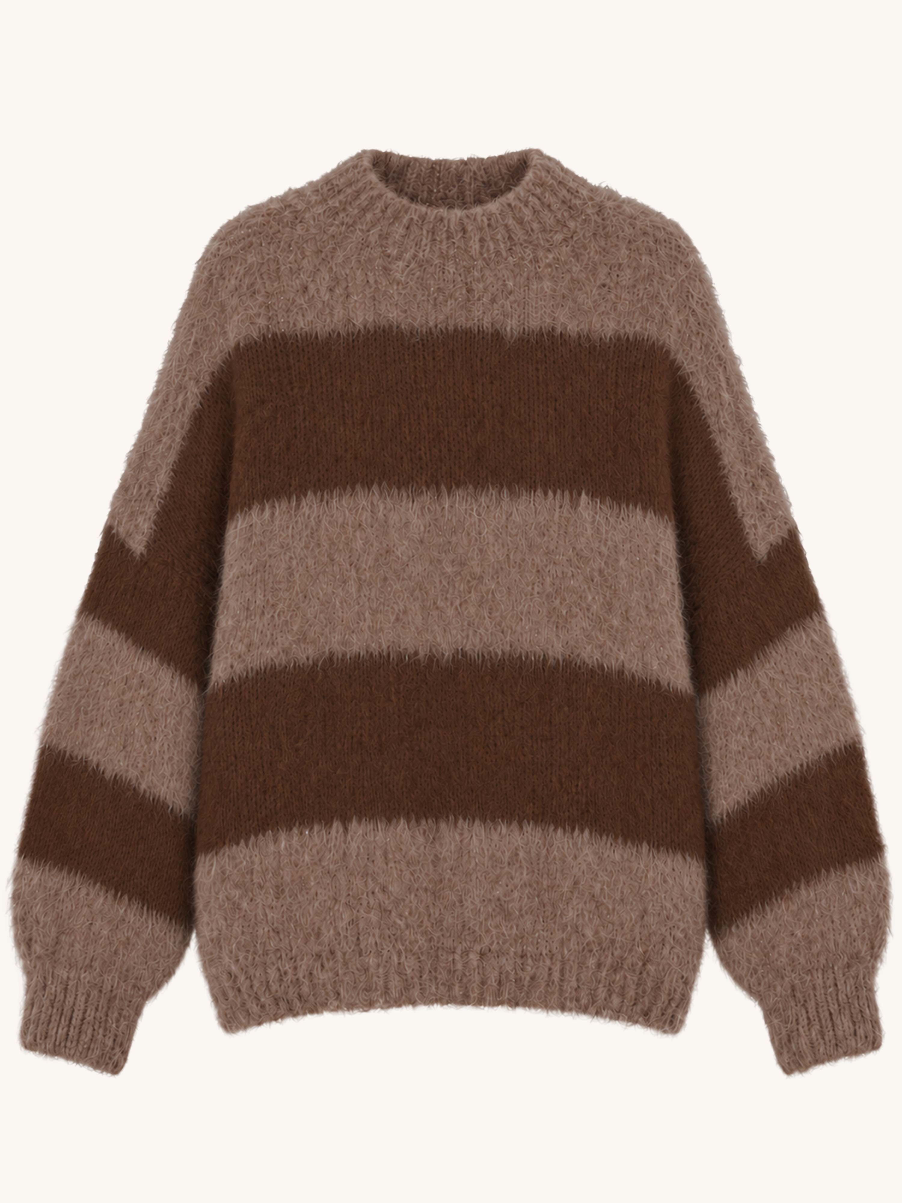 Oversize Strickpullover mit Stehkragen FLUFFY - STRIPES - Fango/Schoko