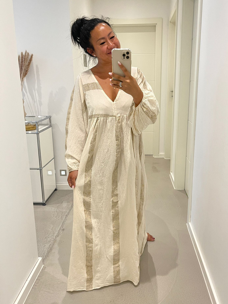 8715-2-Creme Maxikleid mit Ballonärmeln ARTA - Creme/Gold