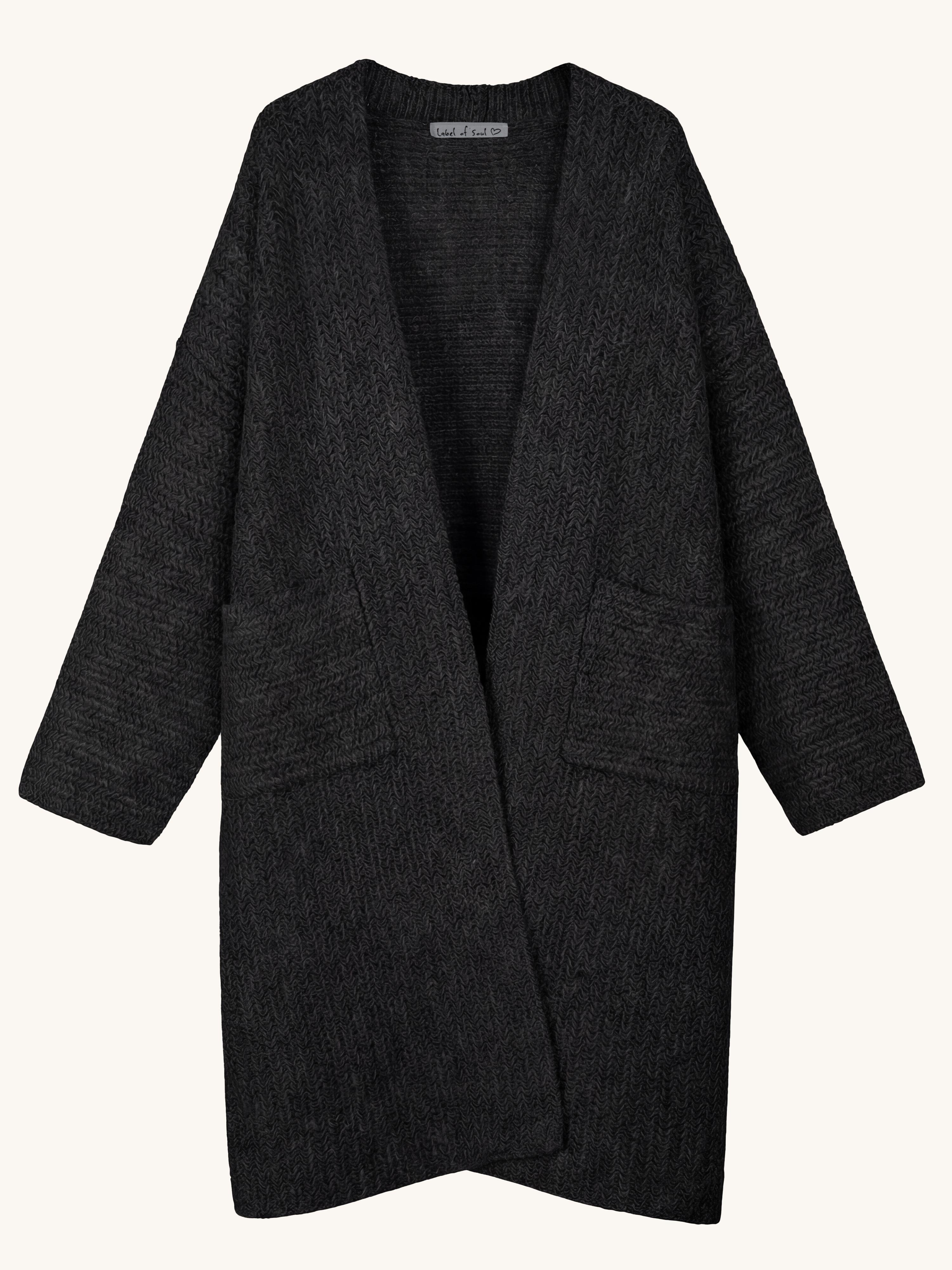 Oversize Wollstrick Mantel mit Gürtel - Schwarz