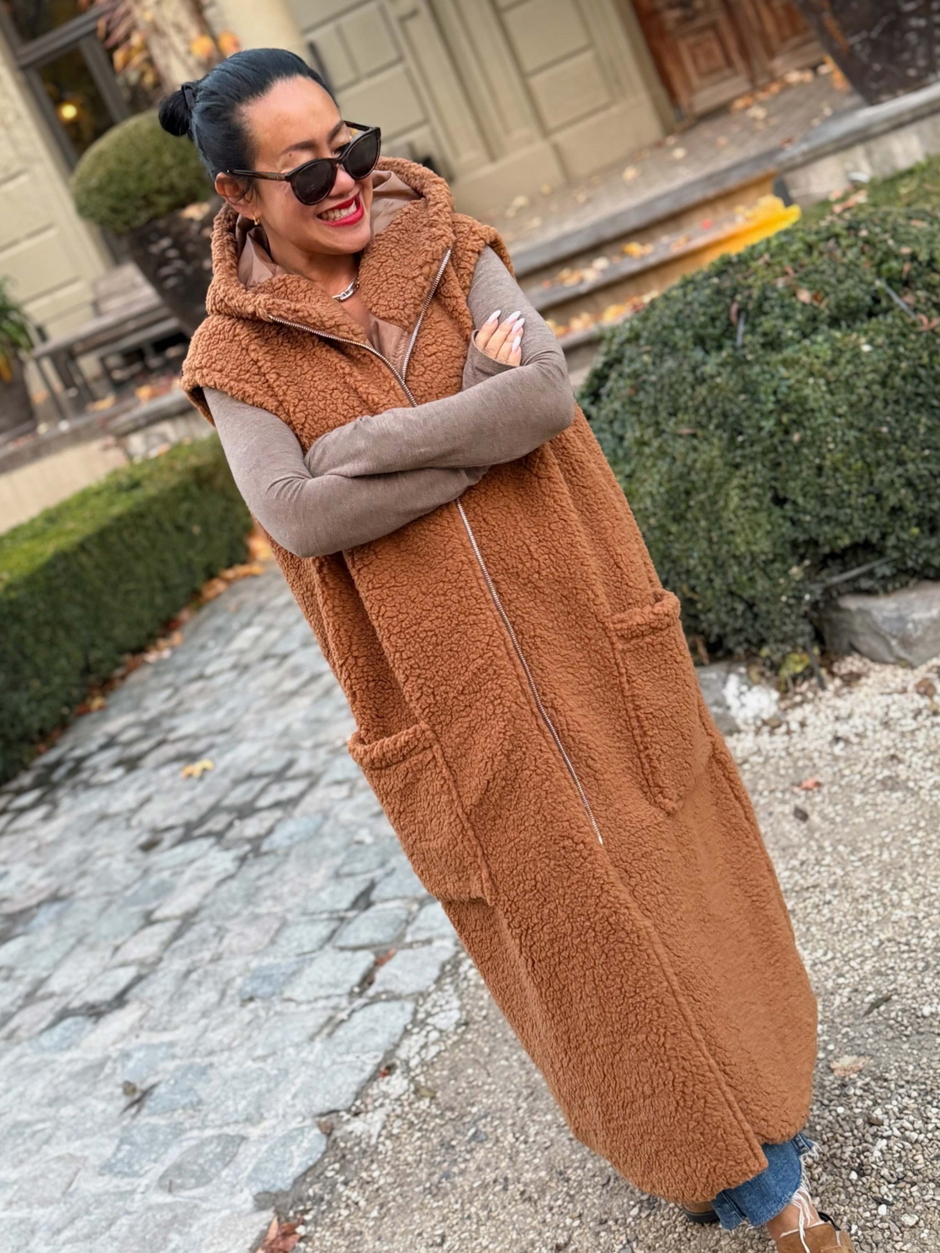 Teddylook Long Weste mit Kapuze - Camel