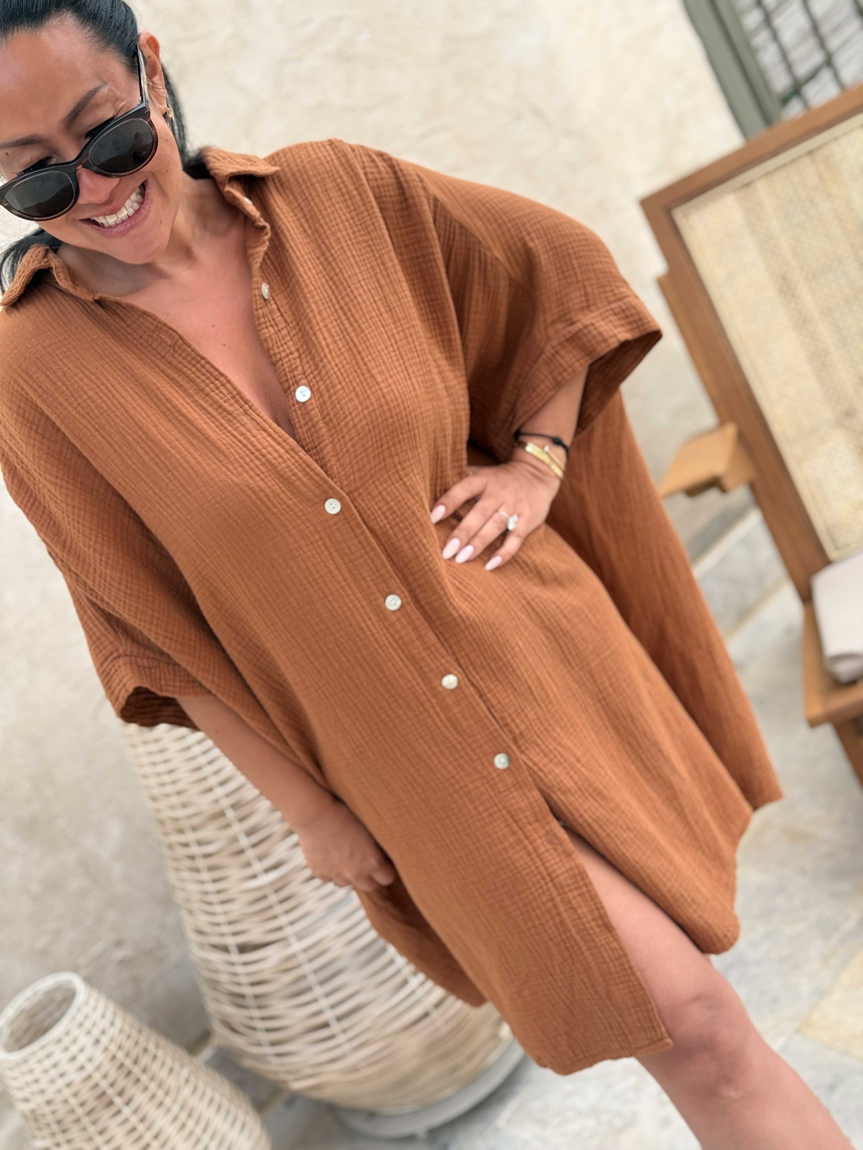 Musselin Oversize Kurzarm Bluse Long - Cinnamon Musselin Oversize Kurzarm Bluse Long - Cinnamon