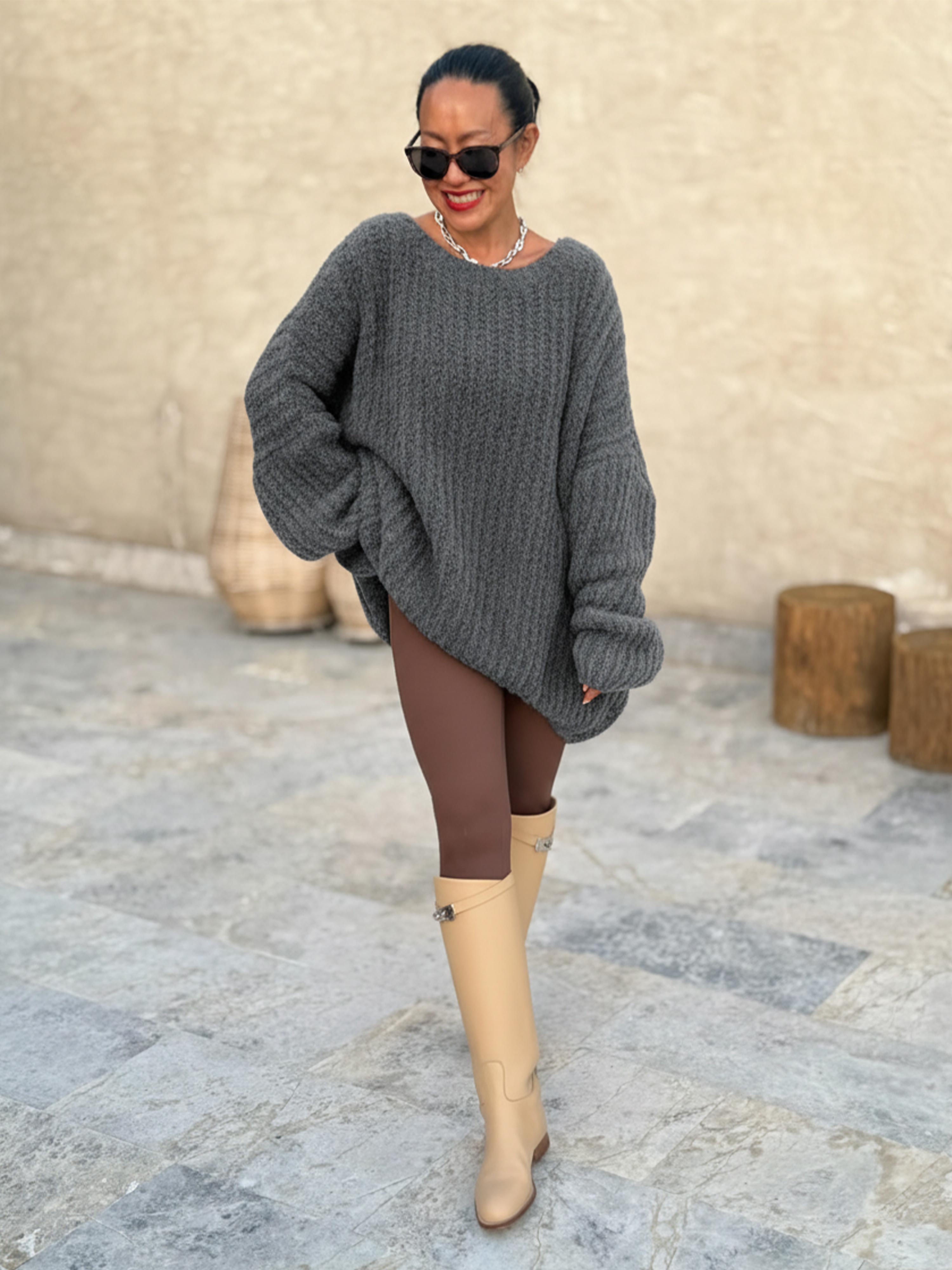 Oversize Bouclé Grob Strickpullover - Anthrazit