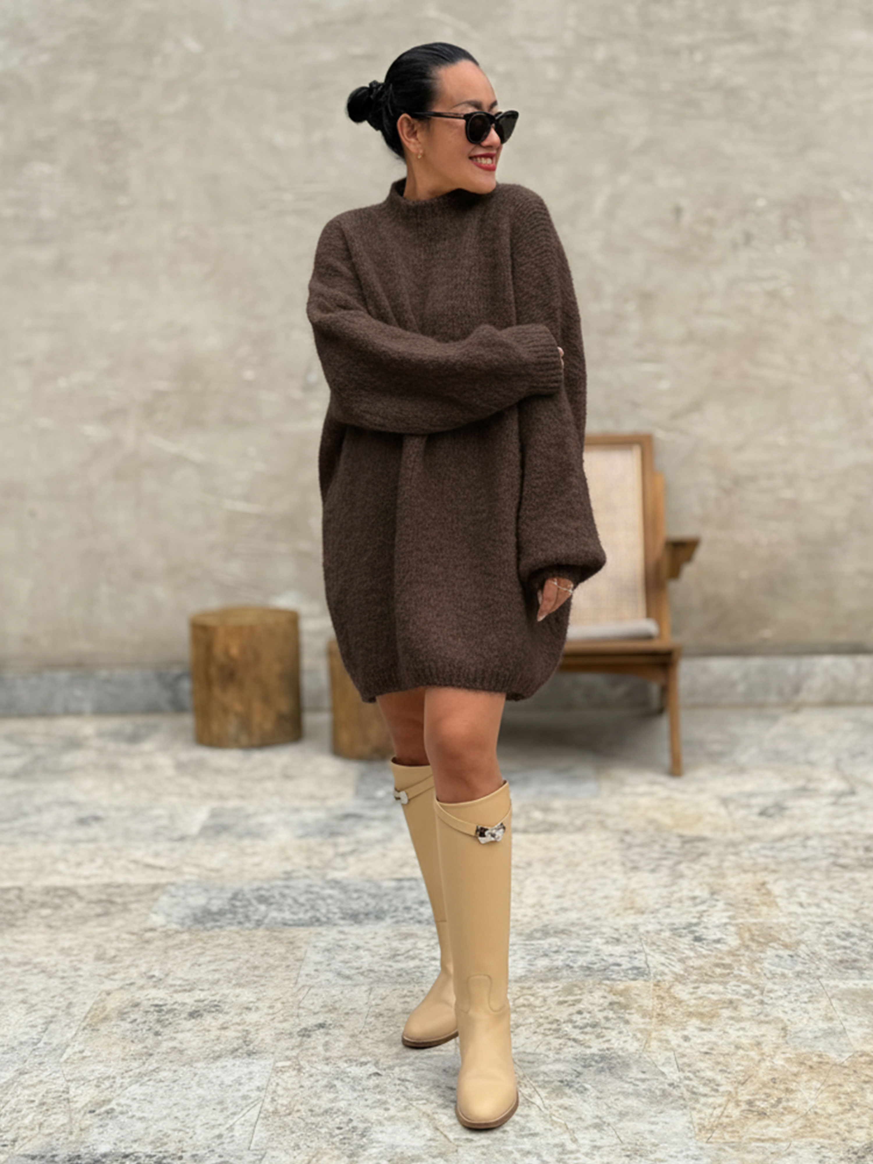 Oversize Stehkragen Strickpullover mit Alpakawollanteil - Schoko Oversize Stehkragen Strickpullover mit Alpakawollanteil - Schoko