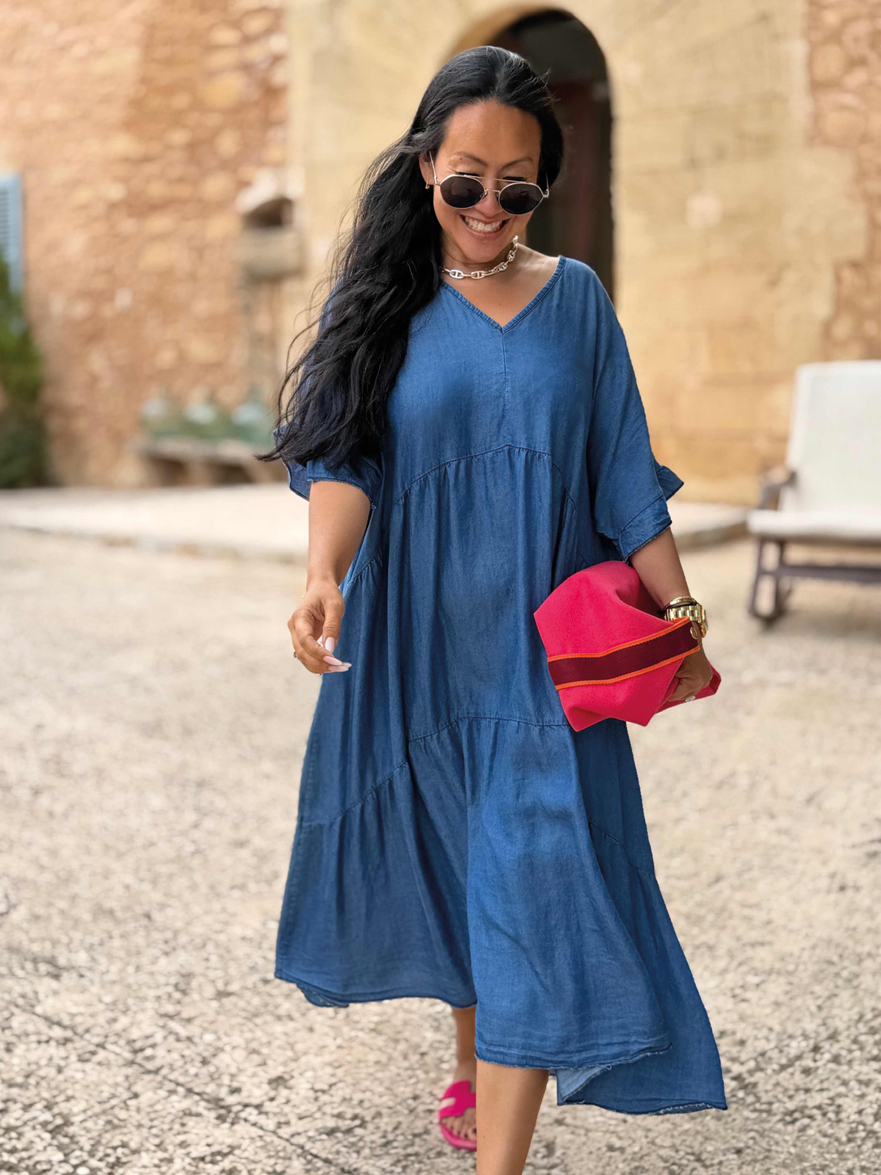 Leichte Lyocell Tunika Long mit V-Ausschnitt - Medium Blue