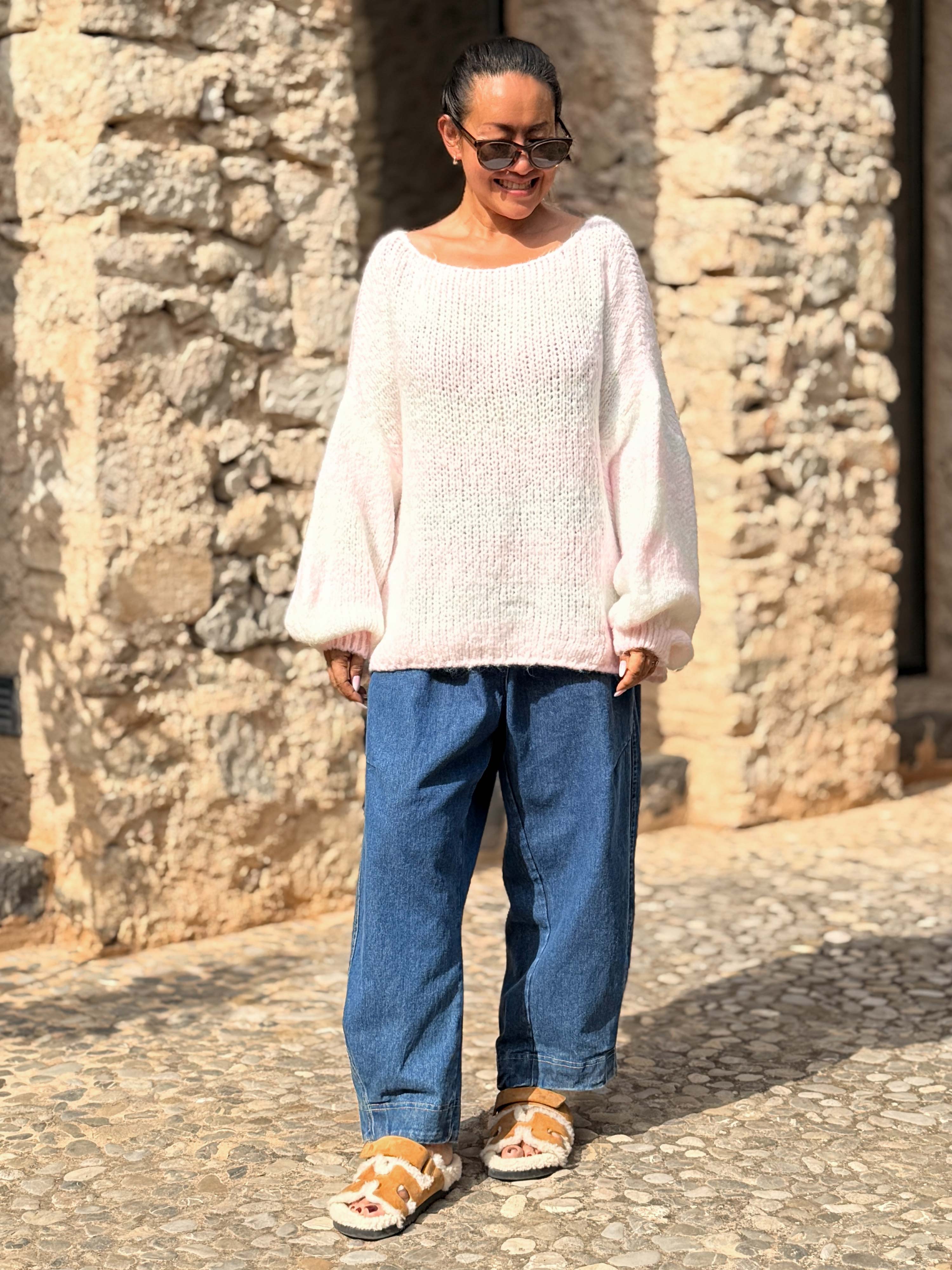 Oversize Cropped Strickpullover - FLAUSCHI - STRIPES - Rosa