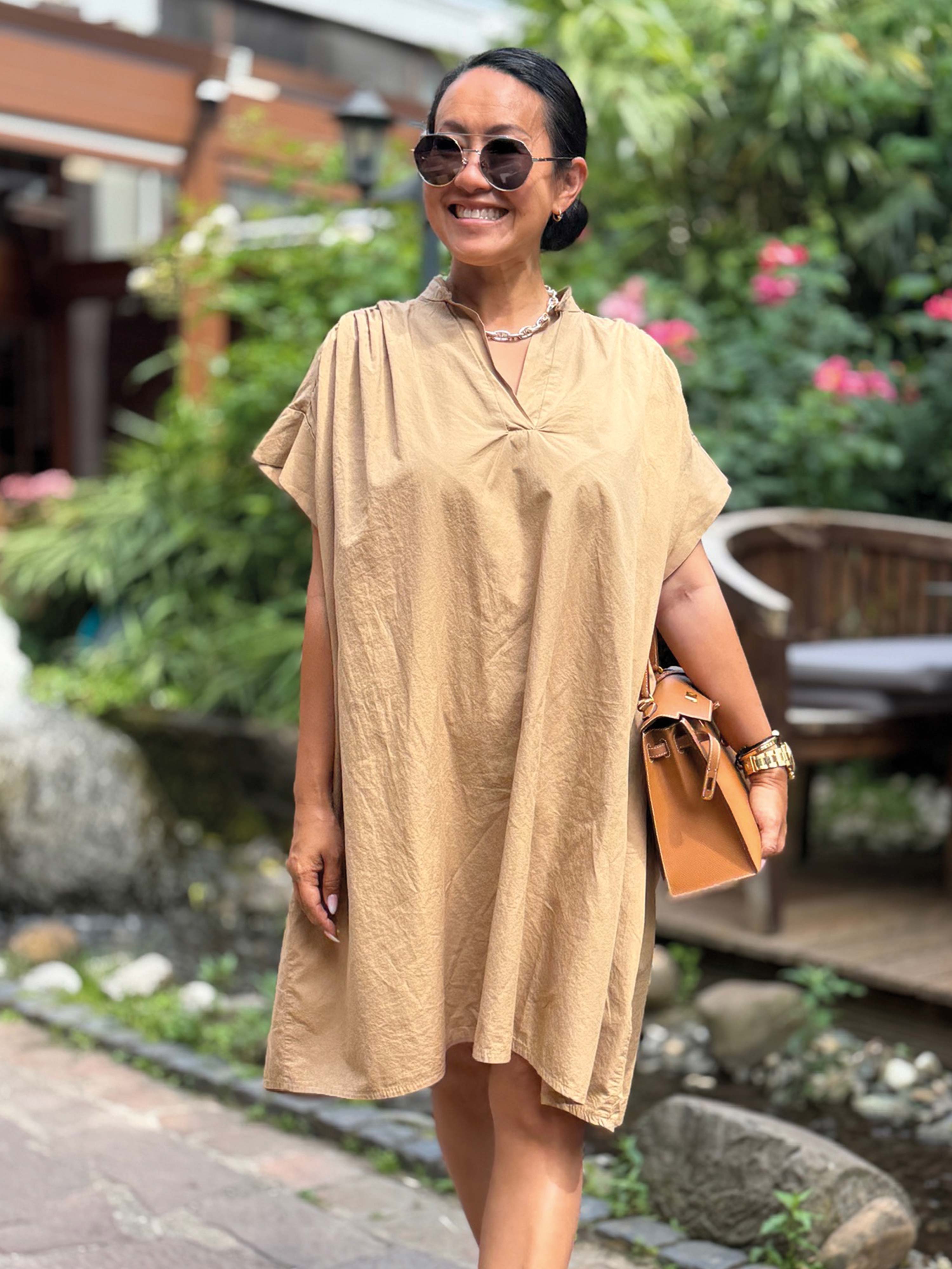 Cotton Vokuhila Oversize Tunika Midi mit Taschen - Camel