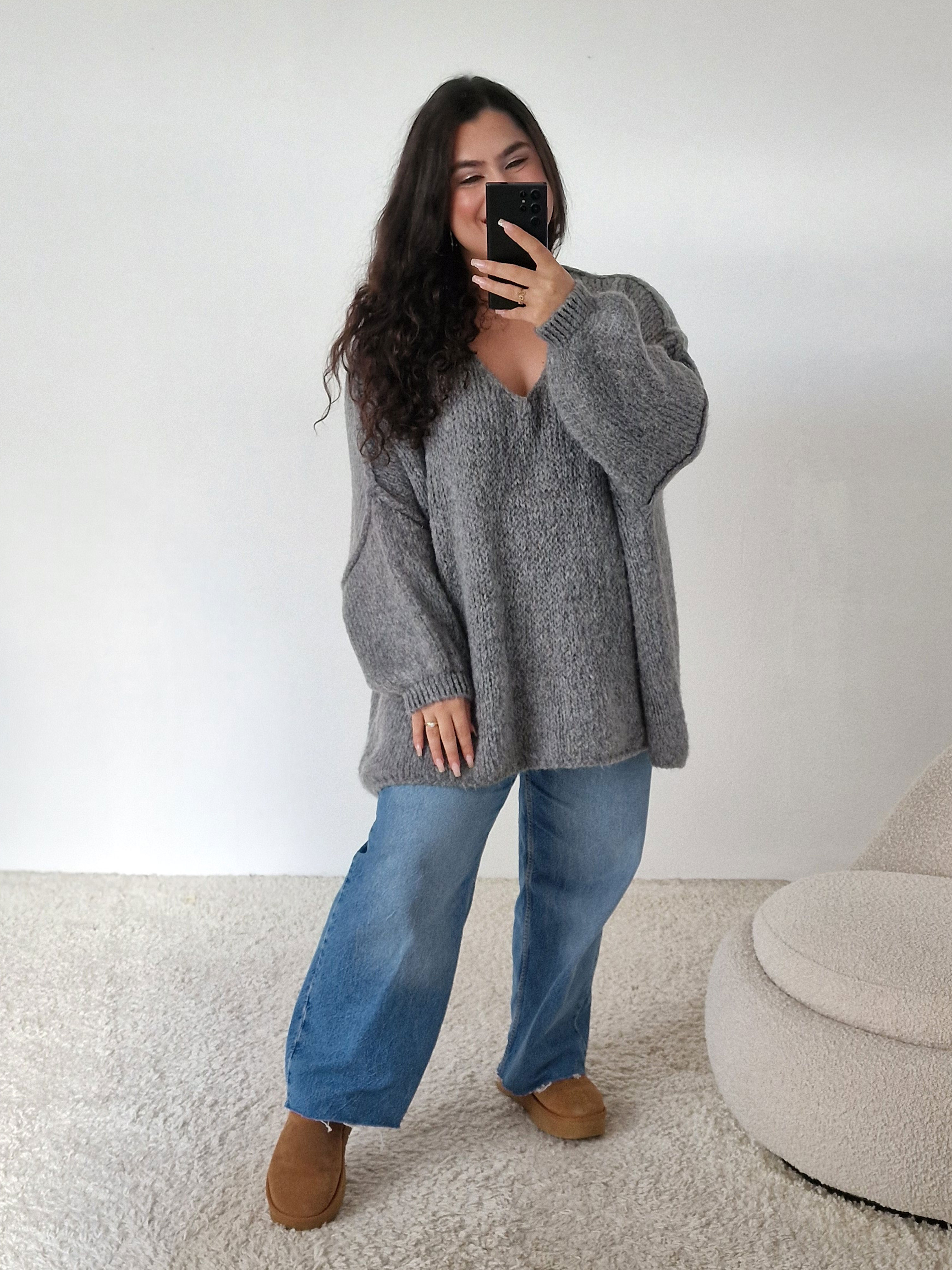 Oversize Strickpullover mit V-Ausschnitt FLAUSCHI TALL - Anthrazit