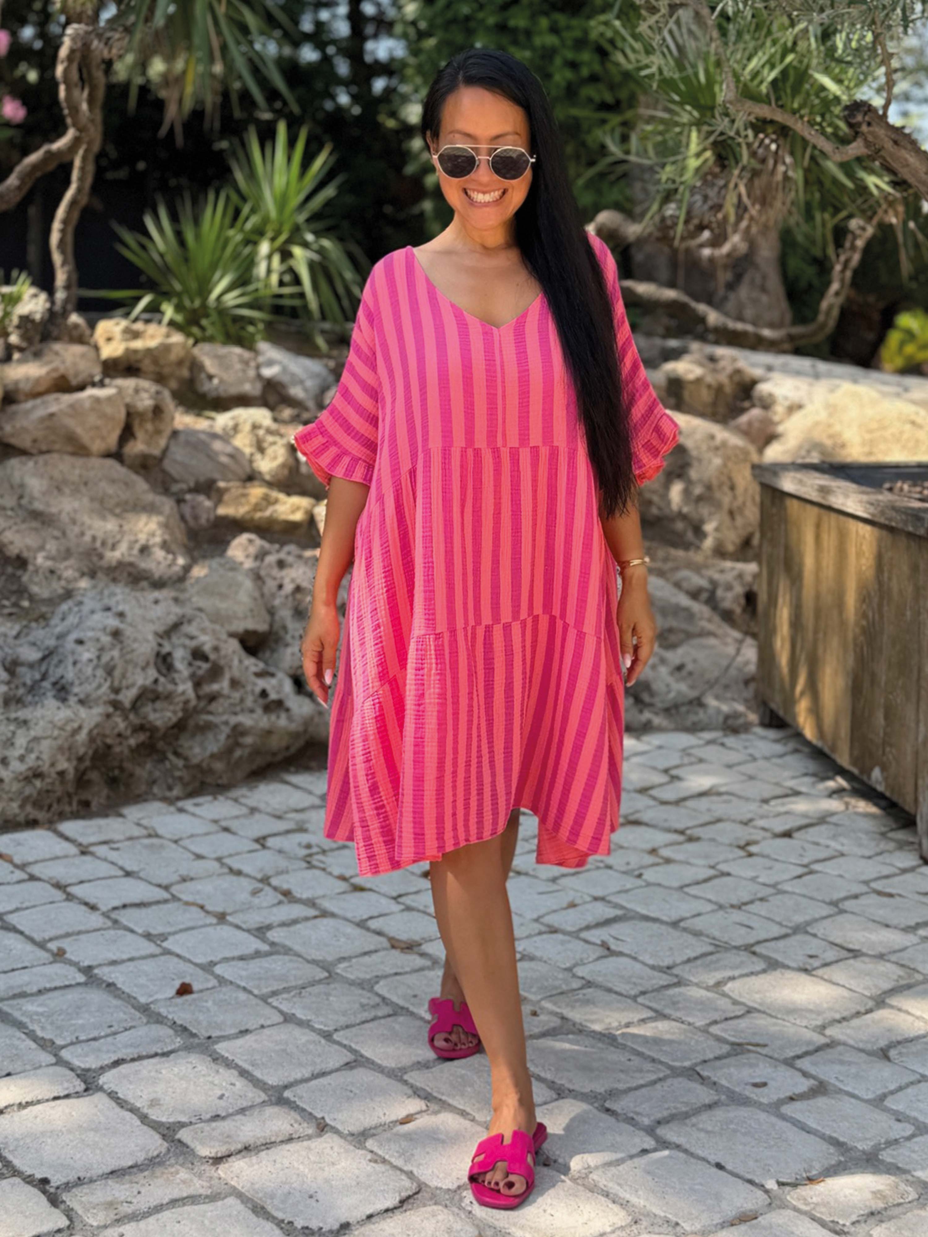 Musselin Tunika Midi mit V-Ausschnitt - STRIPES Flamingo Kiss