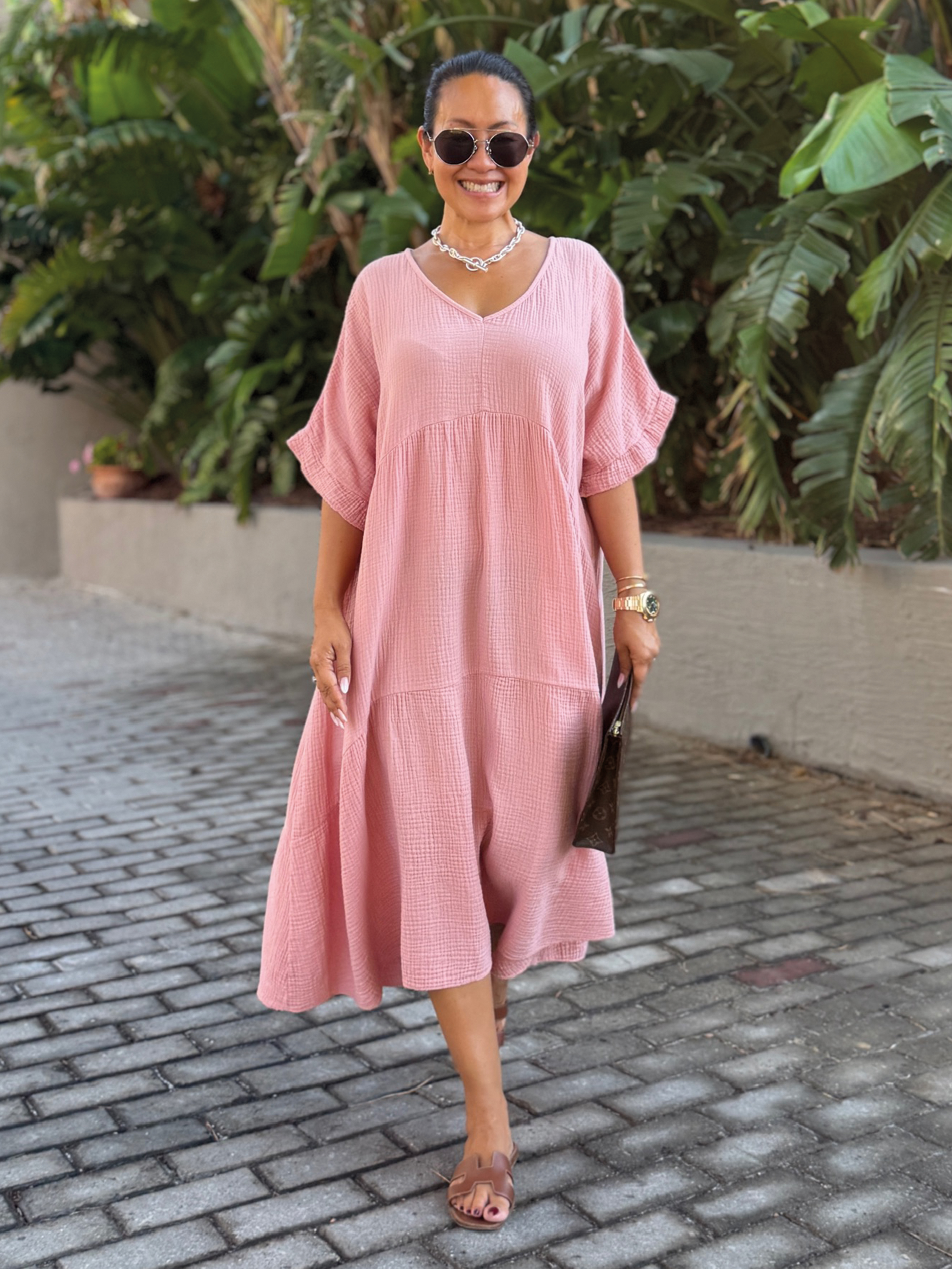 Musselin Tunika Long mit V-Ausschnitt - Blush