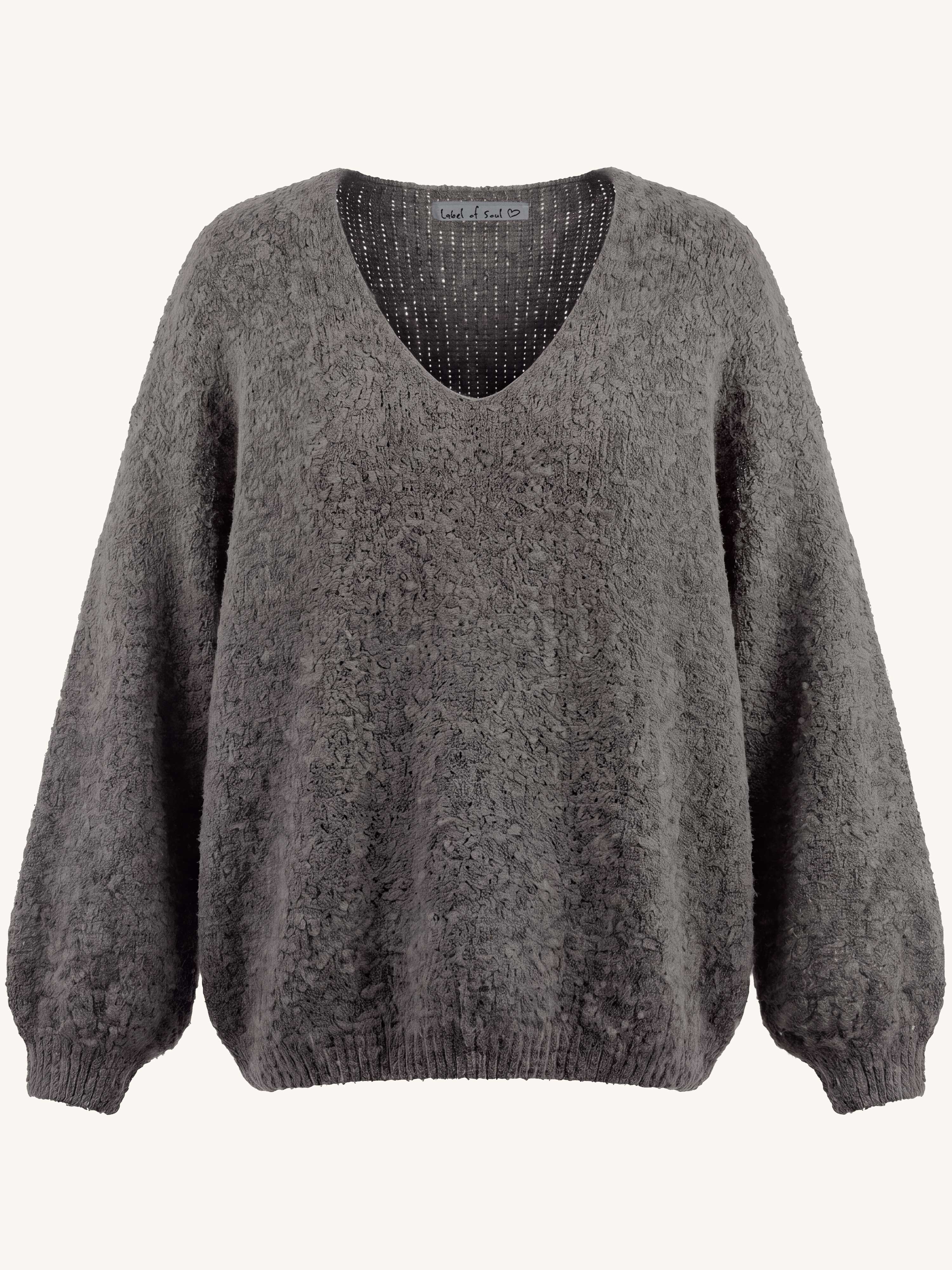 Oversize V-Ausschnitt Bouclé Strickpullover - Grau