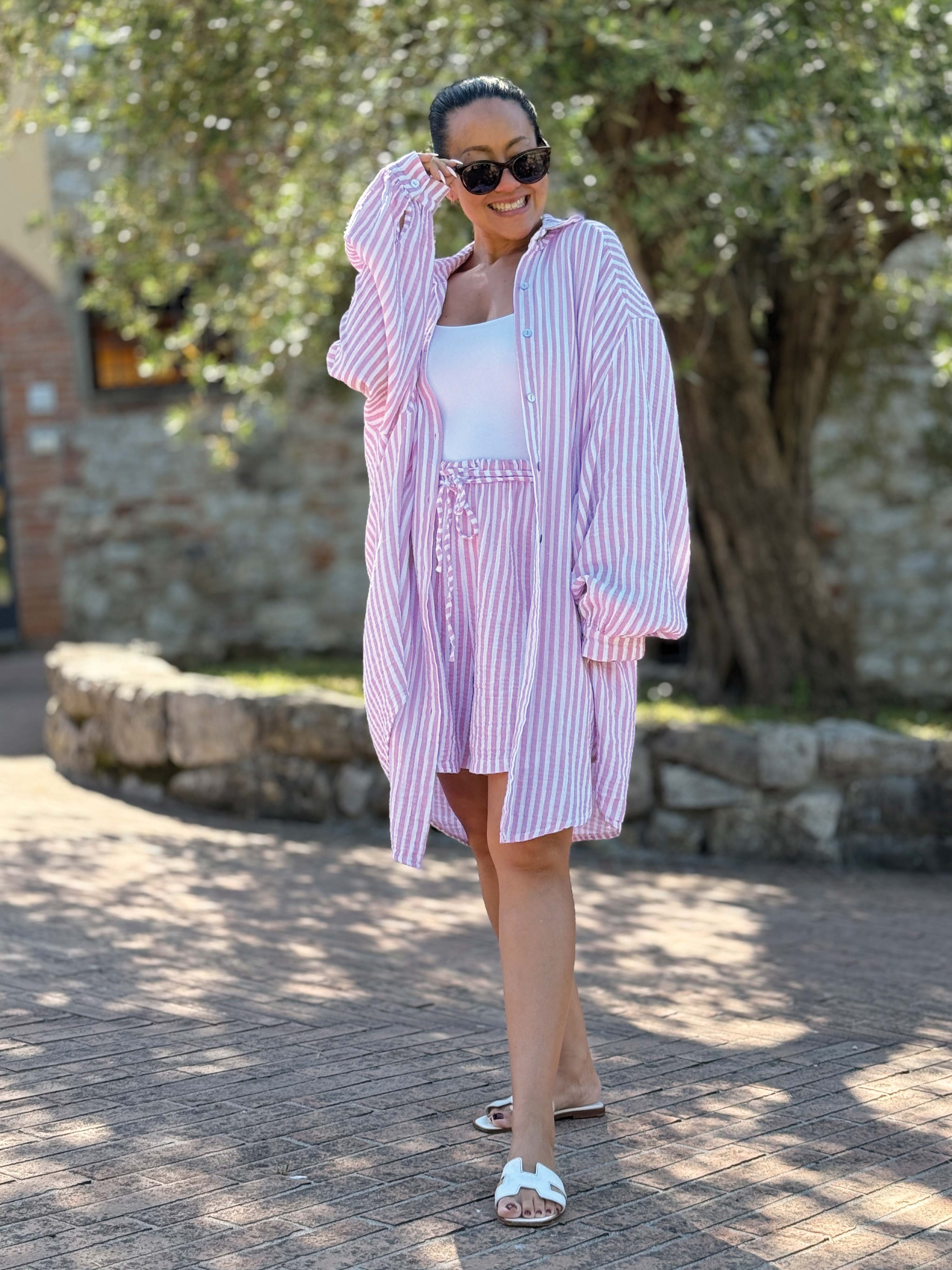 Musselin Long Oversize Bluse - SUMMER BREEZE - Stripes Rosa