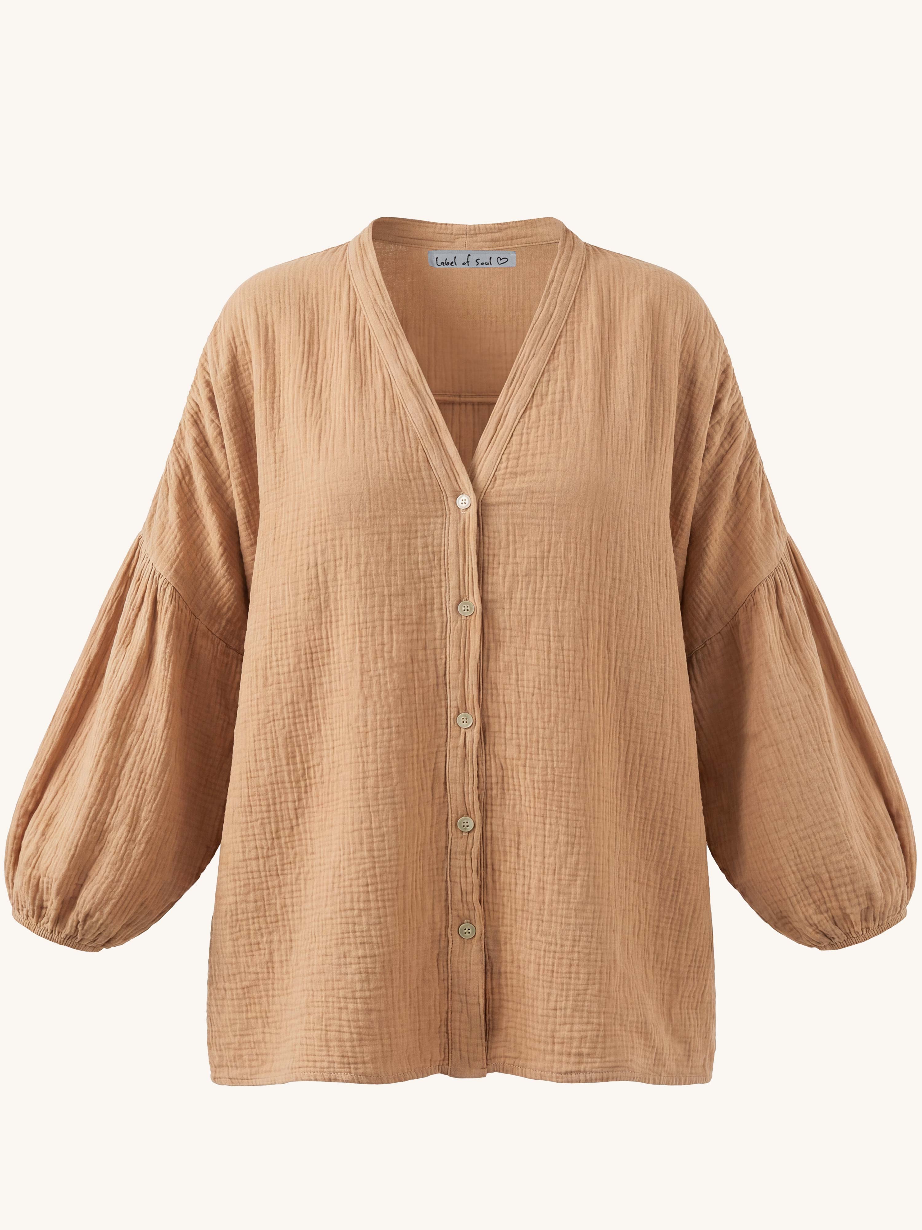 Musselin Oversize Bluse mit V-Ausschnitt - Camel
