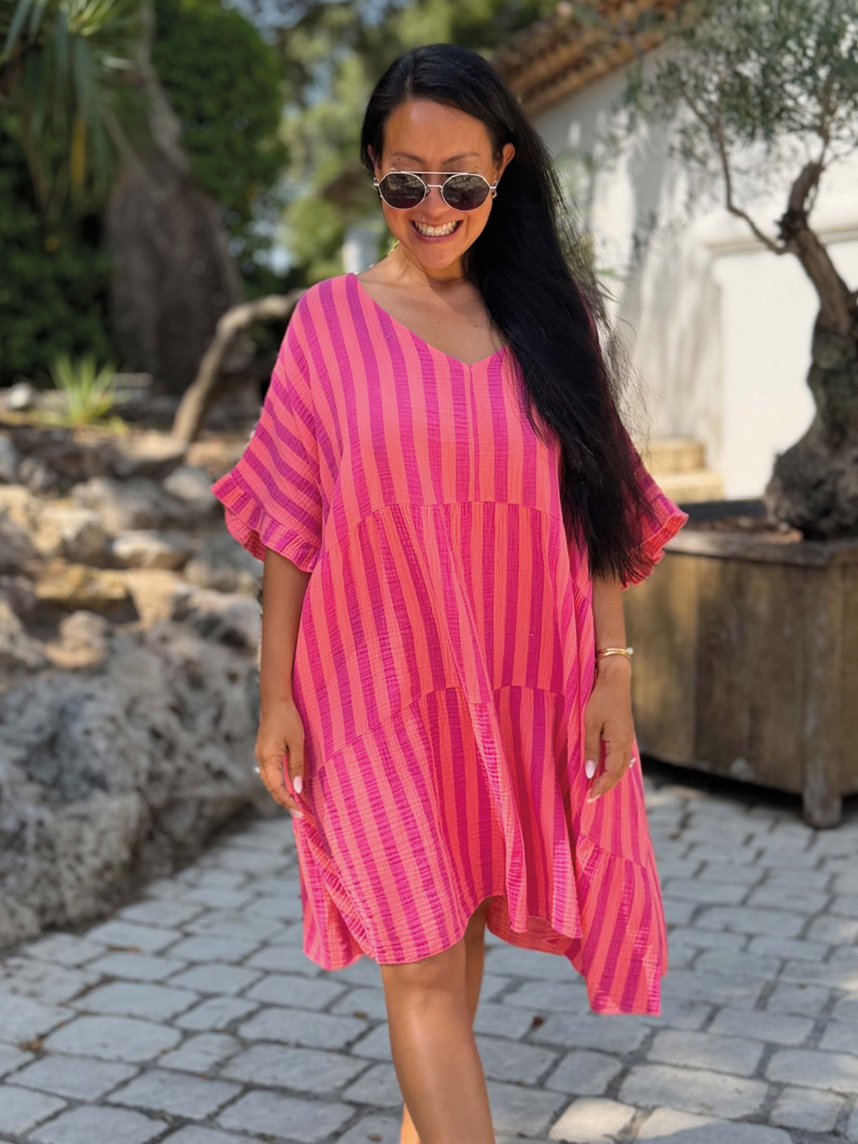Musselin Tunika Midi mit V-Ausschnitt - STRIPES Flamingo Kiss