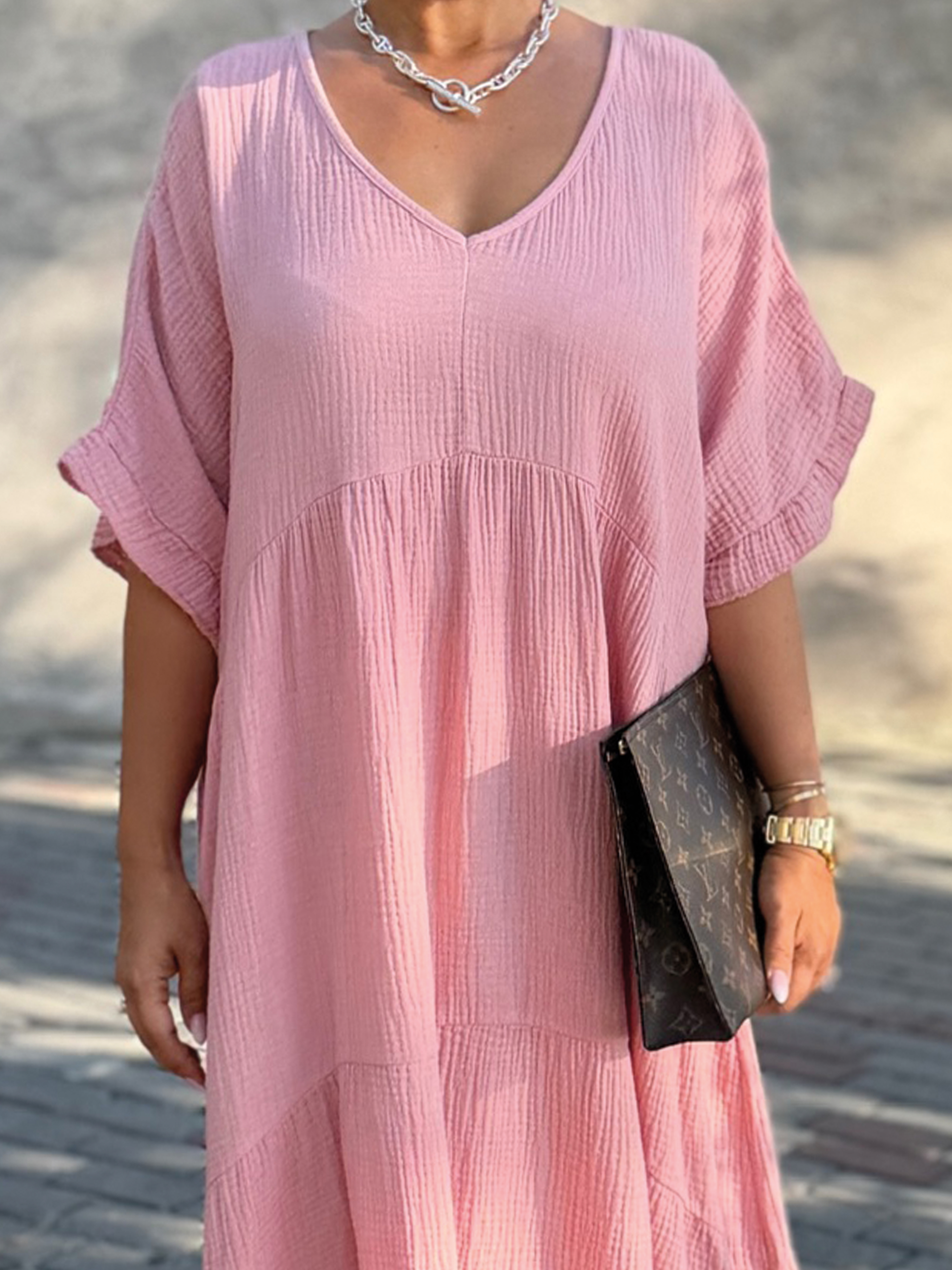 Musselin Tunika Long mit V-Ausschnitt - Blush