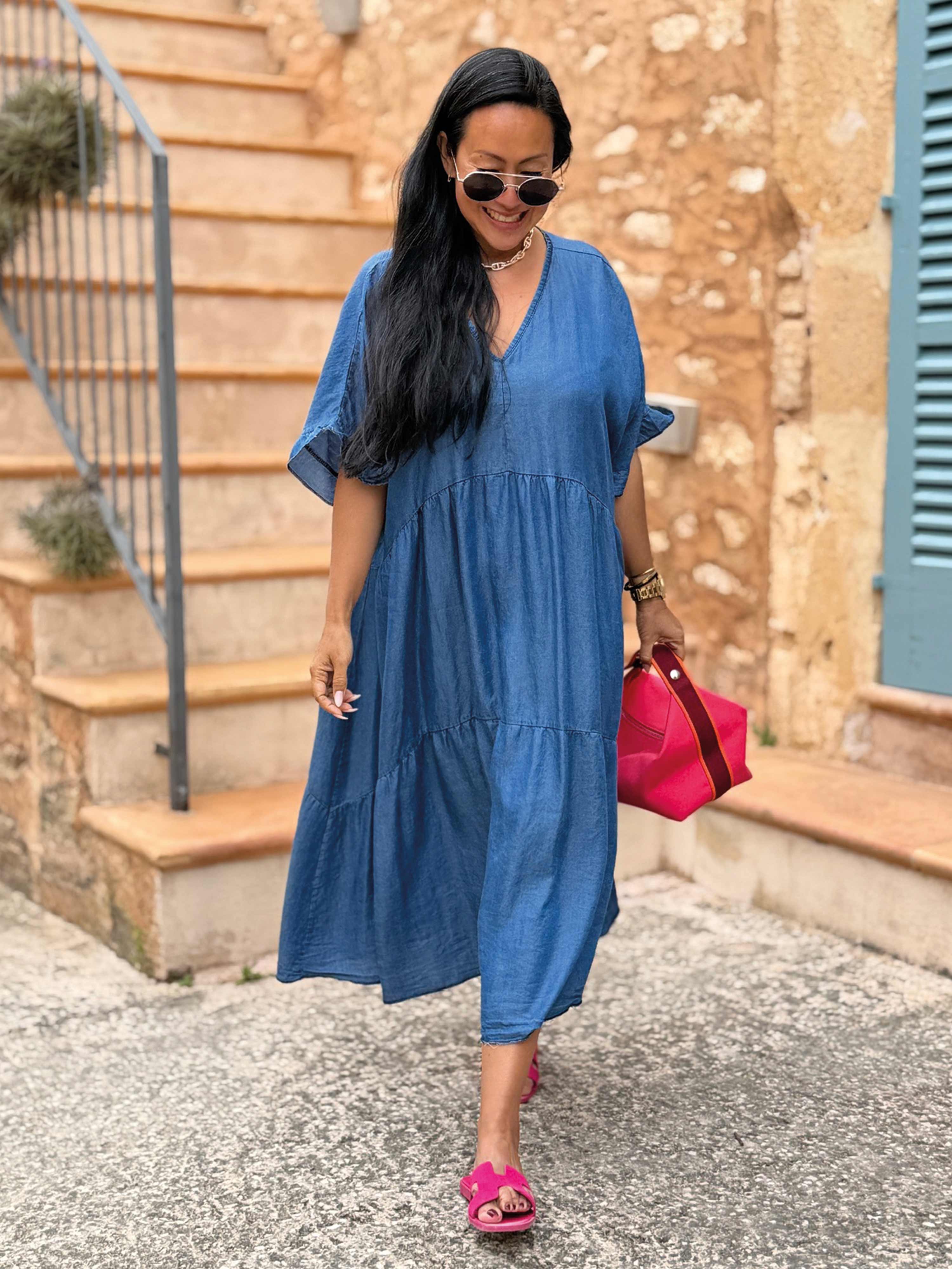 Leichte Lyocell Tunika Long mit V-Ausschnitt - Medium Blue