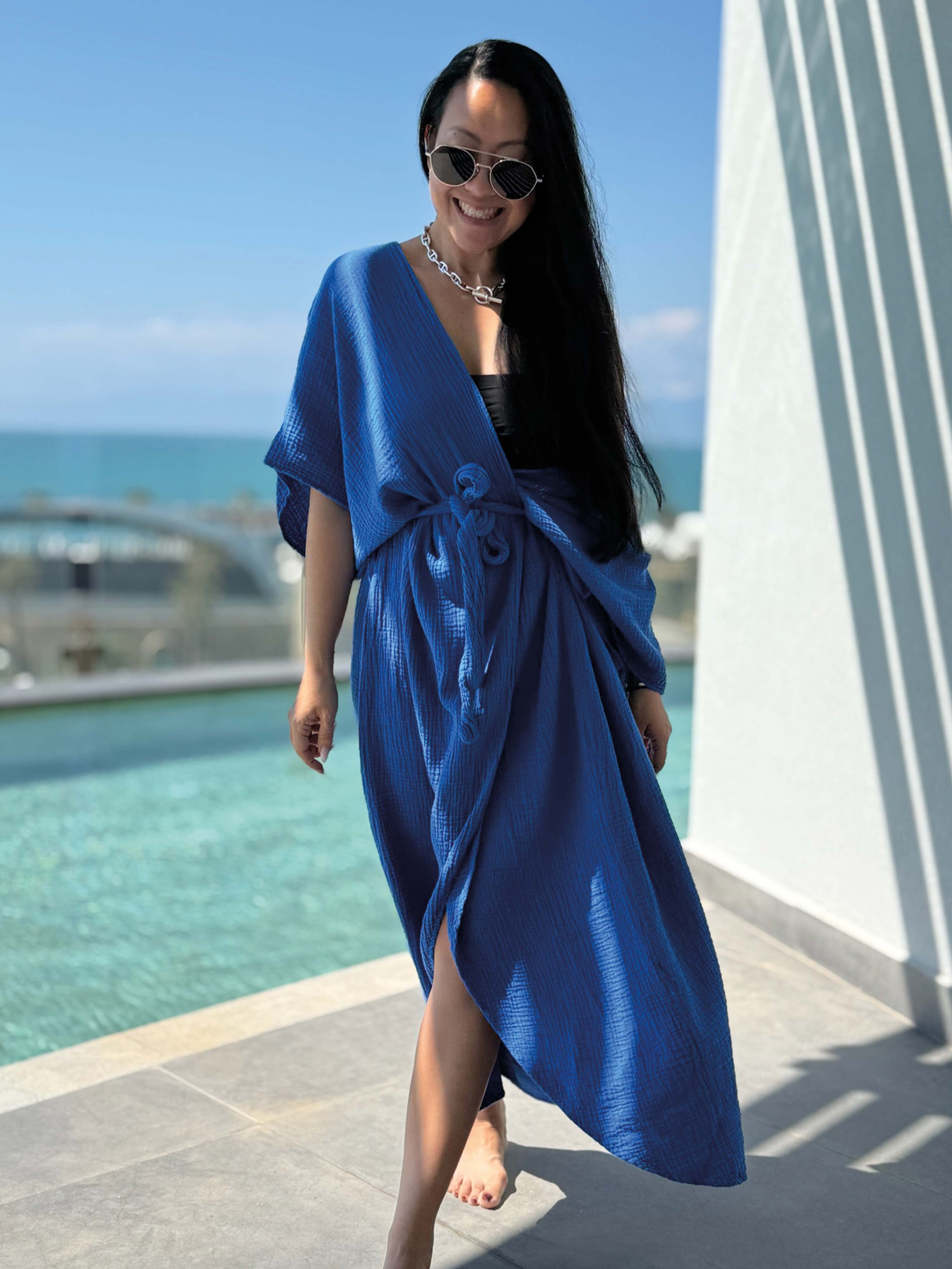 Musselin Wickel Kimono - CAPDEPERA - ONESIZE - Royalblau