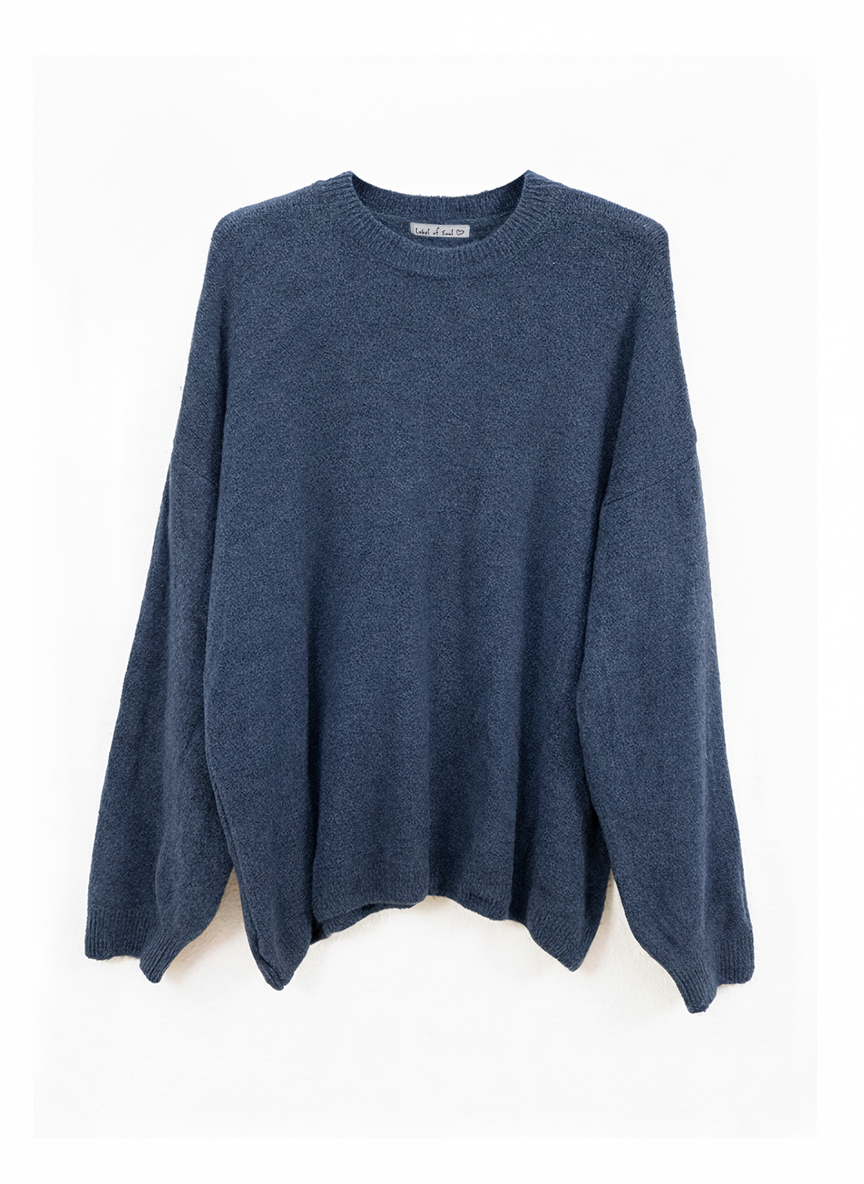 Rundhals Strickpullover mit Alpakawollanteil - Navy