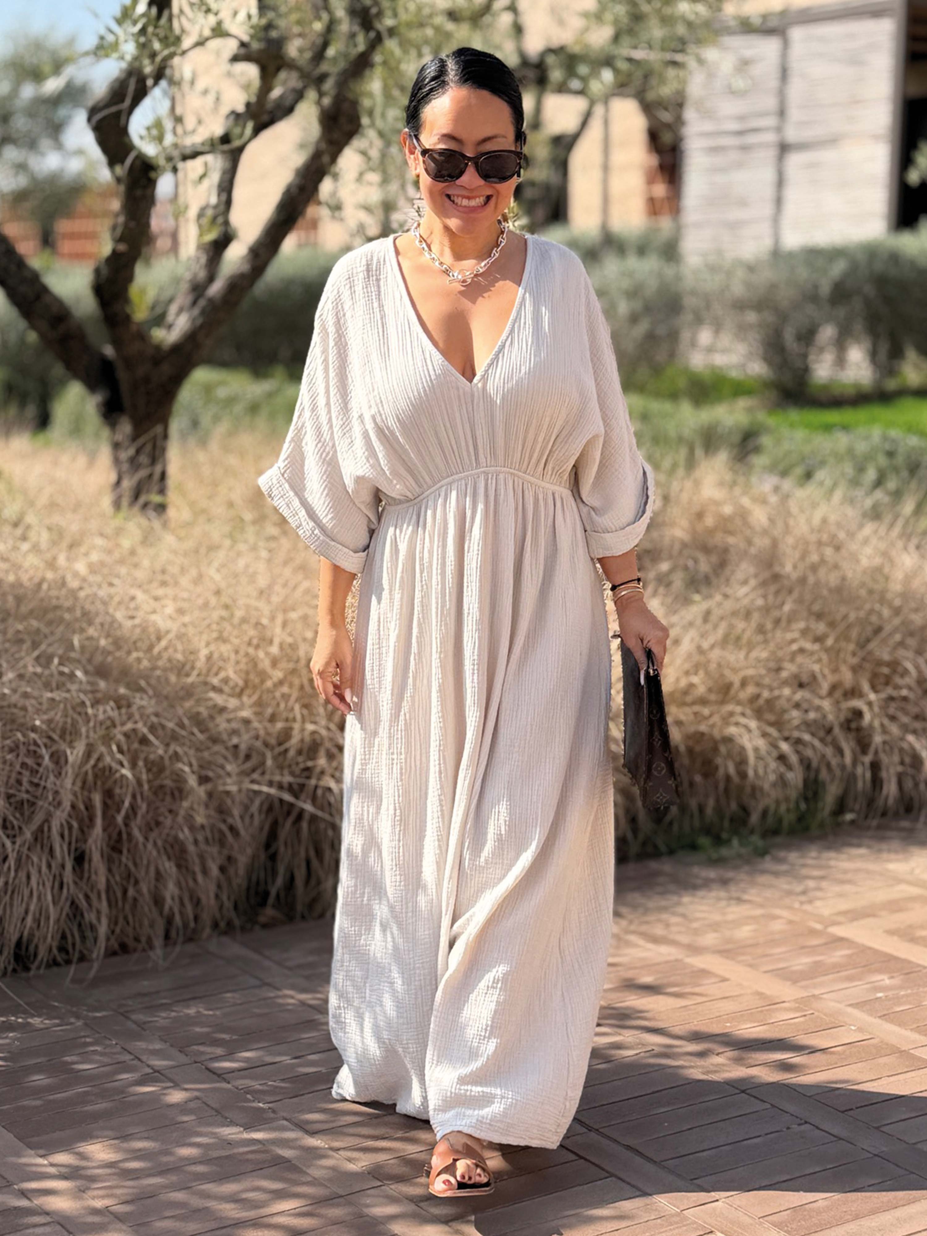 Musselin Kleid mit V-Ausschnitt - ONESIZE - Beige