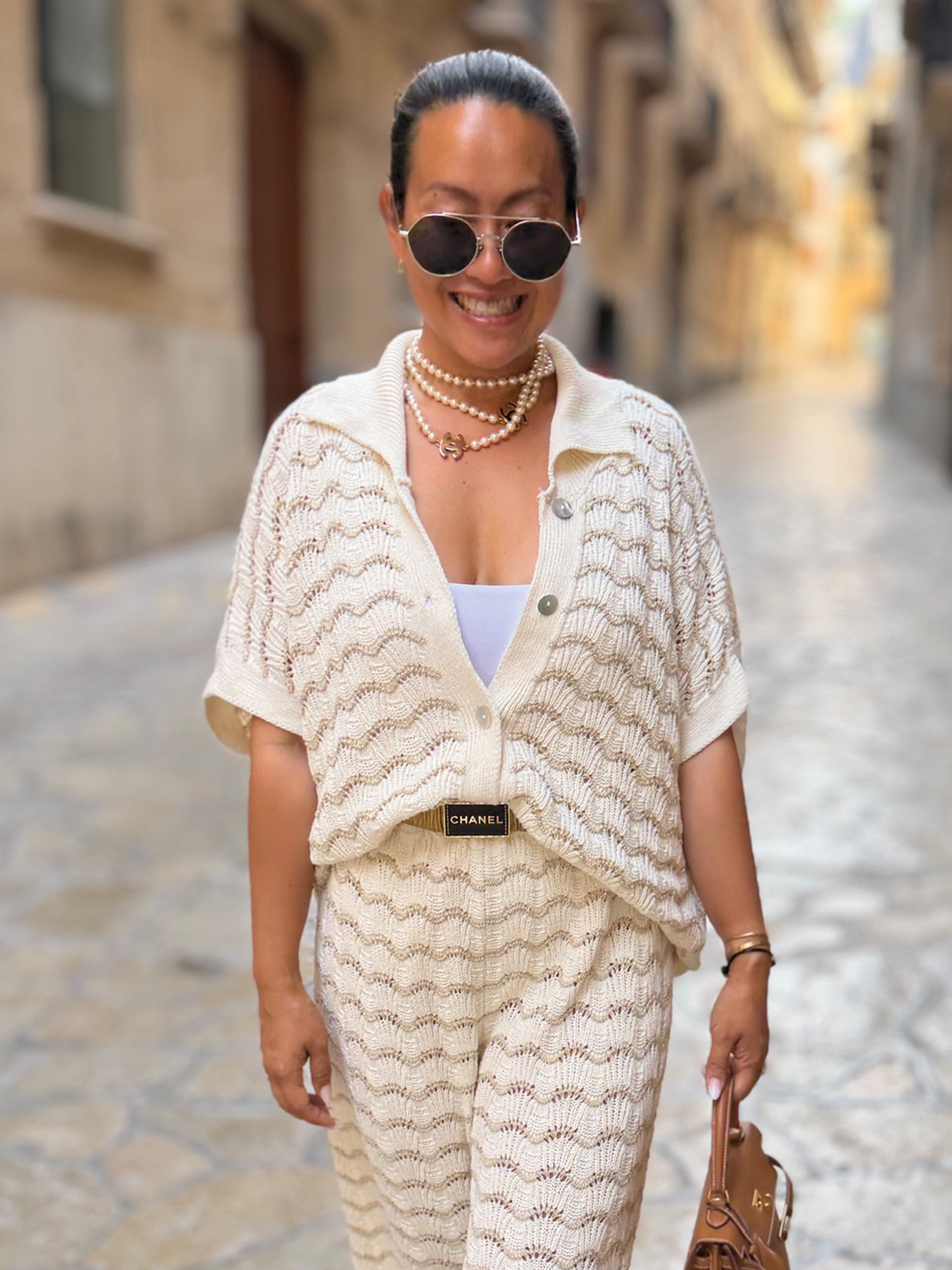 Oversize Kurzarm Häkel Hemd MANACOR - Creme/Gold