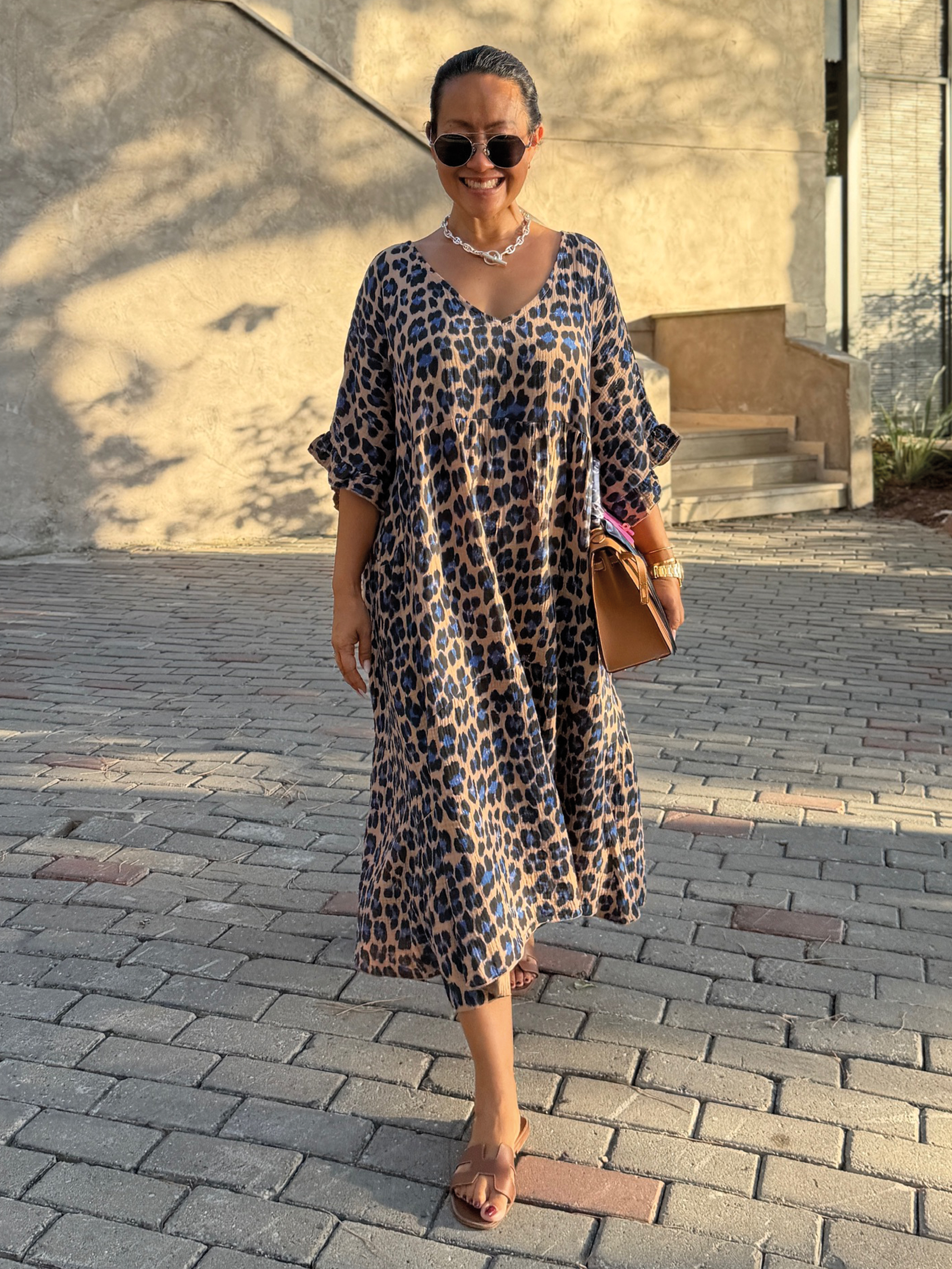 Musselin Tunika Long mit V-Ausschnitt - Leo Royalblau/Camel